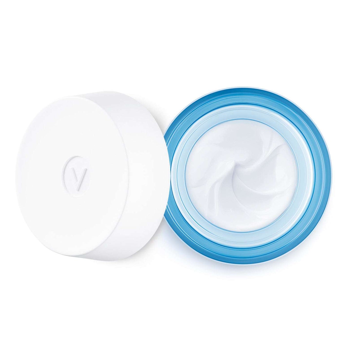 Ein geöffneter Tiegel der VICHY AQUALIA Thermal reichhaltige Creme/R von Hinterland Apotheke mit blauem Rand und weißem Deckel zeigt die reichhaltige, verwirbelte Textur - ideal für intensive Feuchtigkeitspflege und Hydratation.