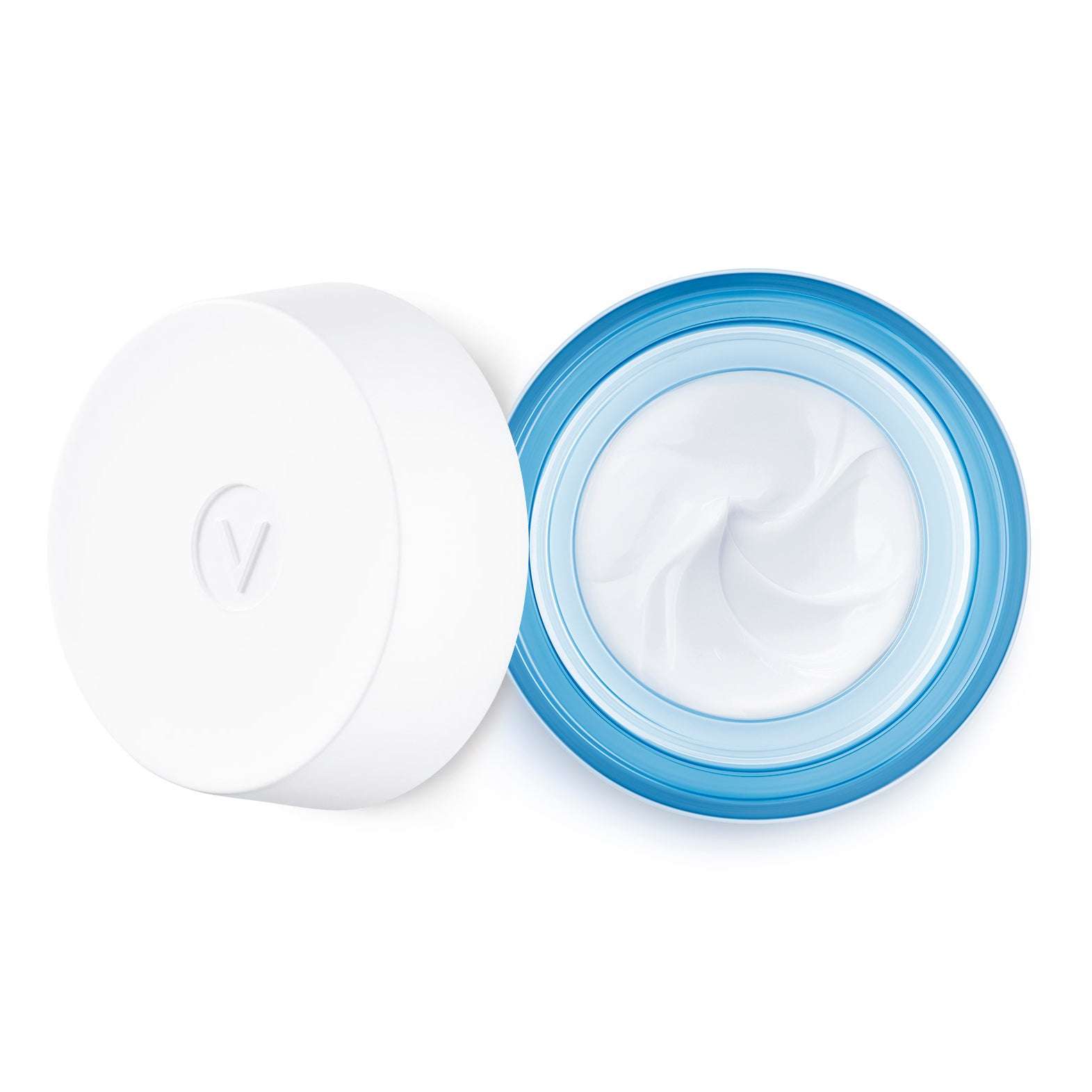Ein geöffneter Tiegel der VICHY AQUALIA Thermal reichhaltige Creme/R von Hinterland Apotheke mit blauem Rand und weißem Deckel zeigt die reichhaltige, verwirbelte Textur - ideal für intensive Feuchtigkeitspflege und Hydratation.
