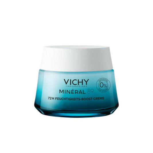 Ein blauer Tiegel der Hinterland Apotheke Vichy Mineral 89 Feuchtigkeitscreme (ohne Duftstoffe) mit weißem Deckel und schwarz-weißer Produktbezeichnung.