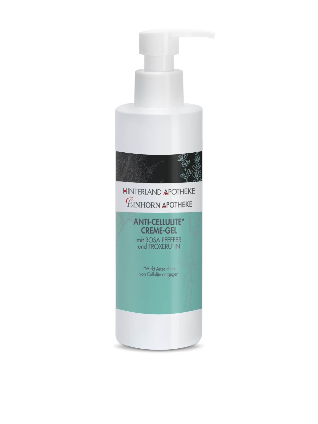 Die weiße Pumpflasche von Anti-Cellulite*Creme-Gel der Hinterland Apotheke trägt ein blaugrünes Etikett mit botanischen Illustrationen und hebt wichtige Inhaltsstoffe wie Rosa Pfeffer und Troxerutin hervor.