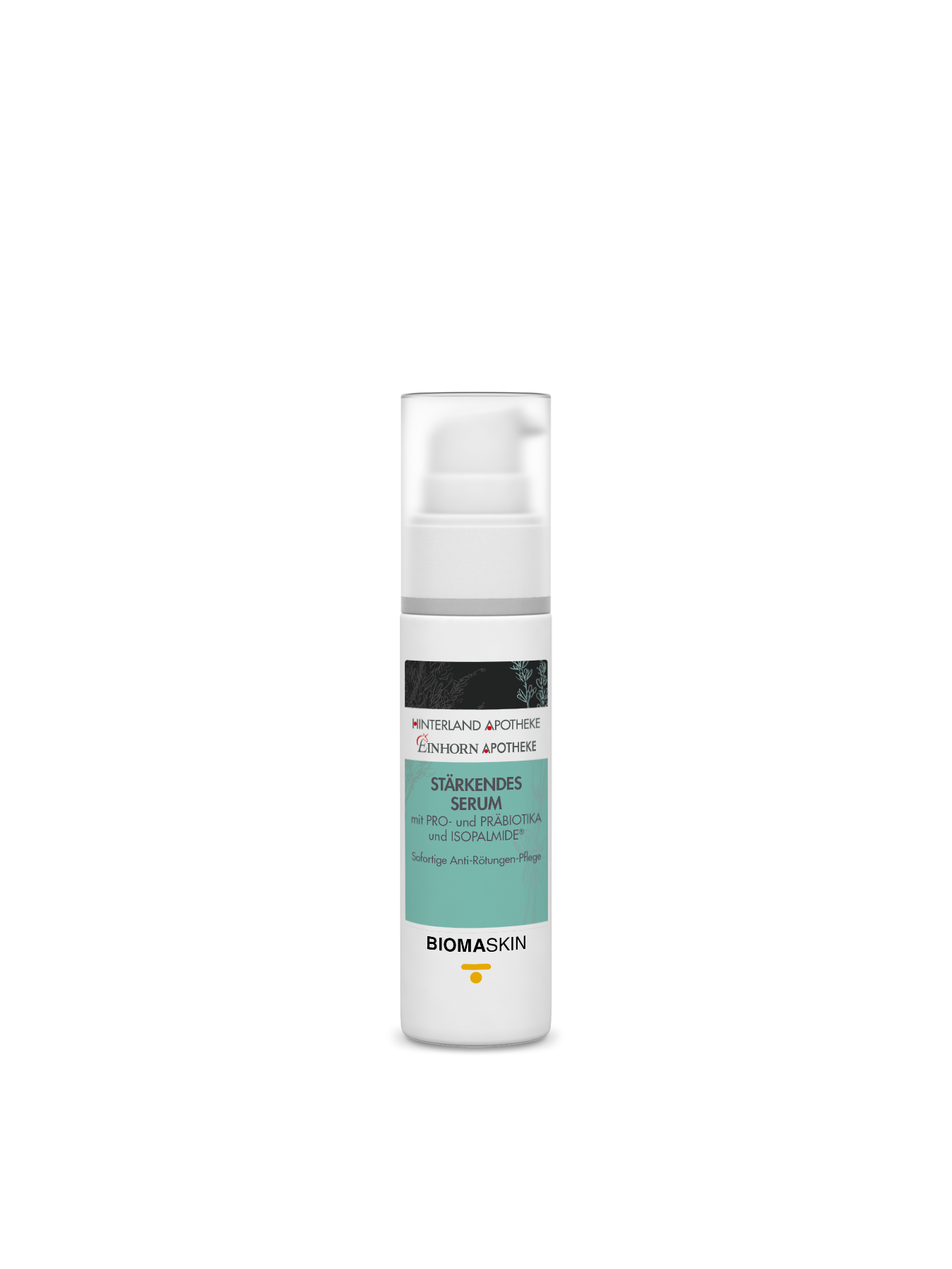 Eine weiße Pumpflasche mit Stärkendes Serum steht aufrecht auf einem weißen Hintergrund, mit einer klaren Kappe und einem hellblauen Etikett mit schwarzem und rotem Text. Dieses Präbiotika-Serum ist für die Hautberuhigung bestimmt.