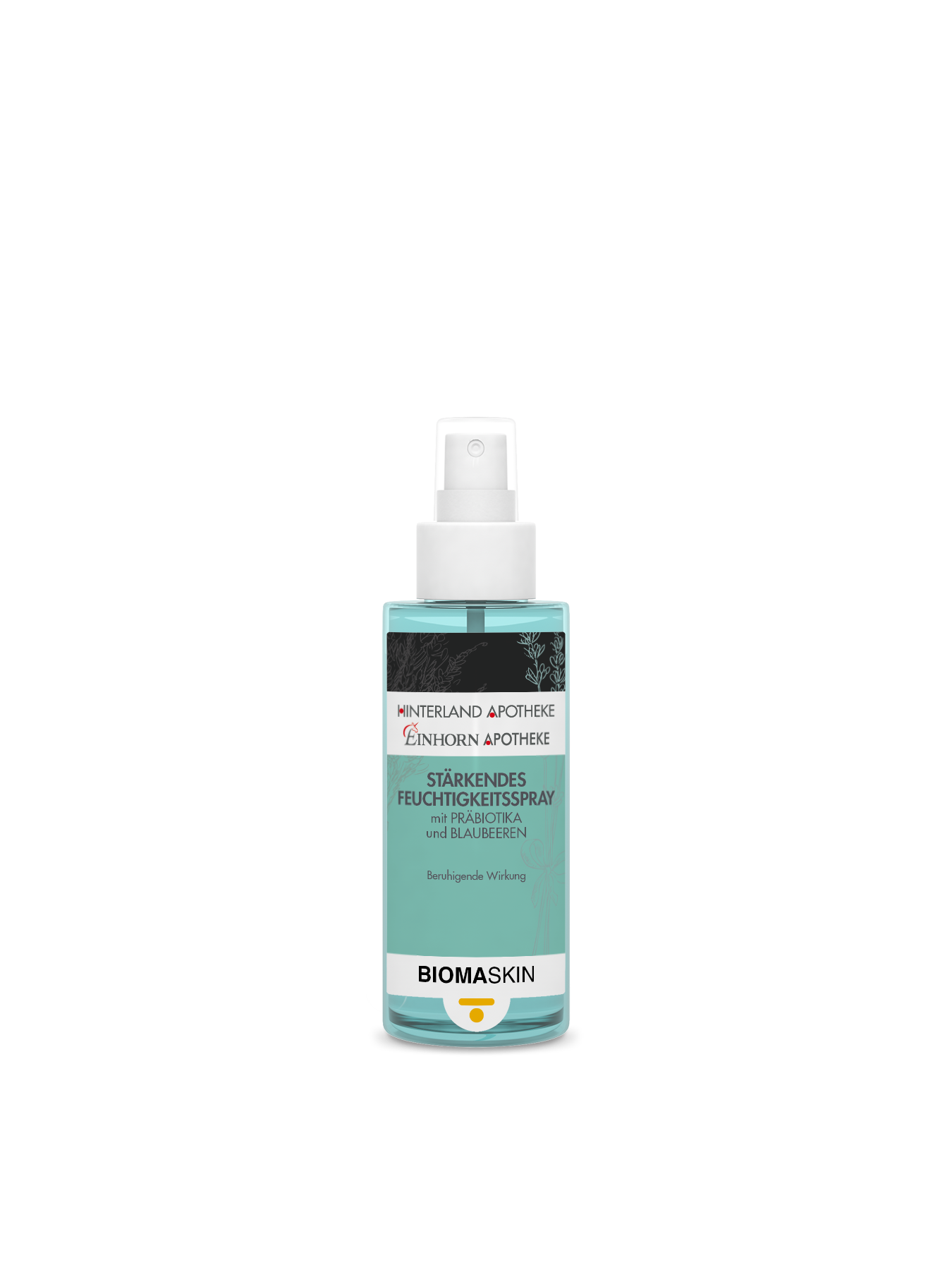 Eine Flasche Stärkendes Feuchtigkeitsspray mit weißer Sprühkappe und türkisfarbener Flüssigkeit, mit einem Etikett, das Präbiotika für empfindliche Haut sowie Himbeer- und Preiselbeerextrakte hervorhebt.