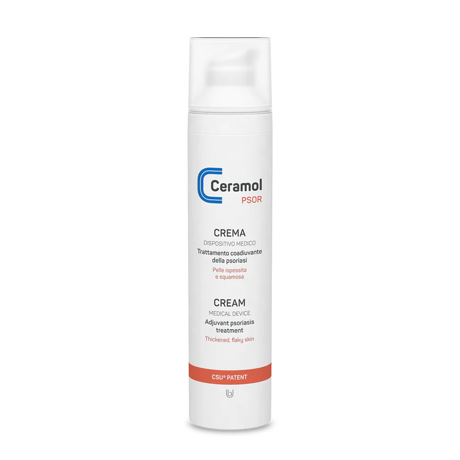 Eine weiße Flasche CERAMOL PSOR Creme mit Pumpspender, beschriftet in Italienisch und Englisch als Medizinprodukt zur unterstützenden Pflege bei Psoriasis. Mit blauen und orangefarbenen Akzenten. Bietet lipidrückführende Hautpflege.