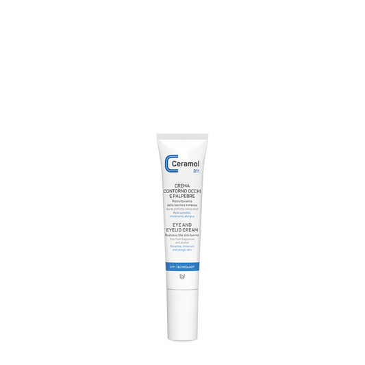 Eine weiße Tube CERAMOL AUGEN- UND AUGENLIDCREME 311 von Hinterland Apotheke steht aufrecht vor einem schlichten weißen Hintergrund, auf dem blauer und schwarzer Text die Unterstützung der Hautbarriere und die Eignung für allergiegefährdete Haut hervorheben.