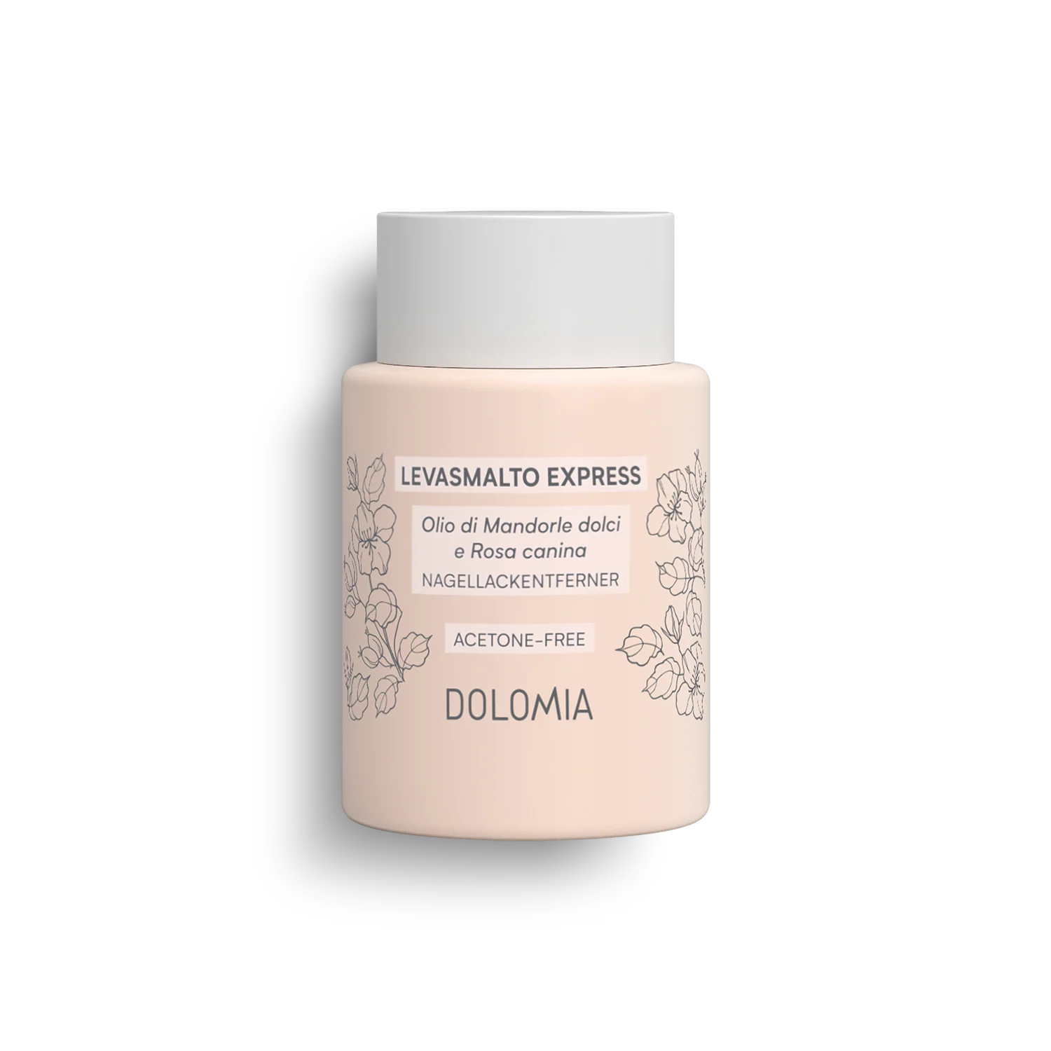 Eine hellrosa Flasche von Express Nagellackentferner mit floraler Linienführung und italienisch-deutschem Text auf dem Etikett. Ideal für die sanfte Nagelpflege.