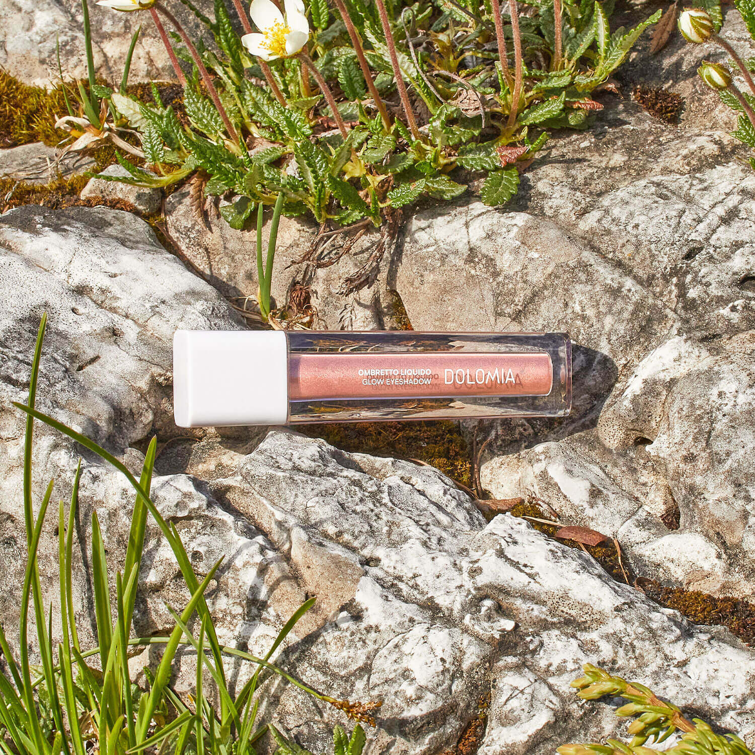 Eine Tube Flüssiger Lidschatten (3 Farbvarianten) mit weißer Kappe liegt auf einem sonnenbeschienenen Felsen, umgeben von grünem Gras und kleinen Pflanzen, die seine schimmernde Oberfläche betonen.