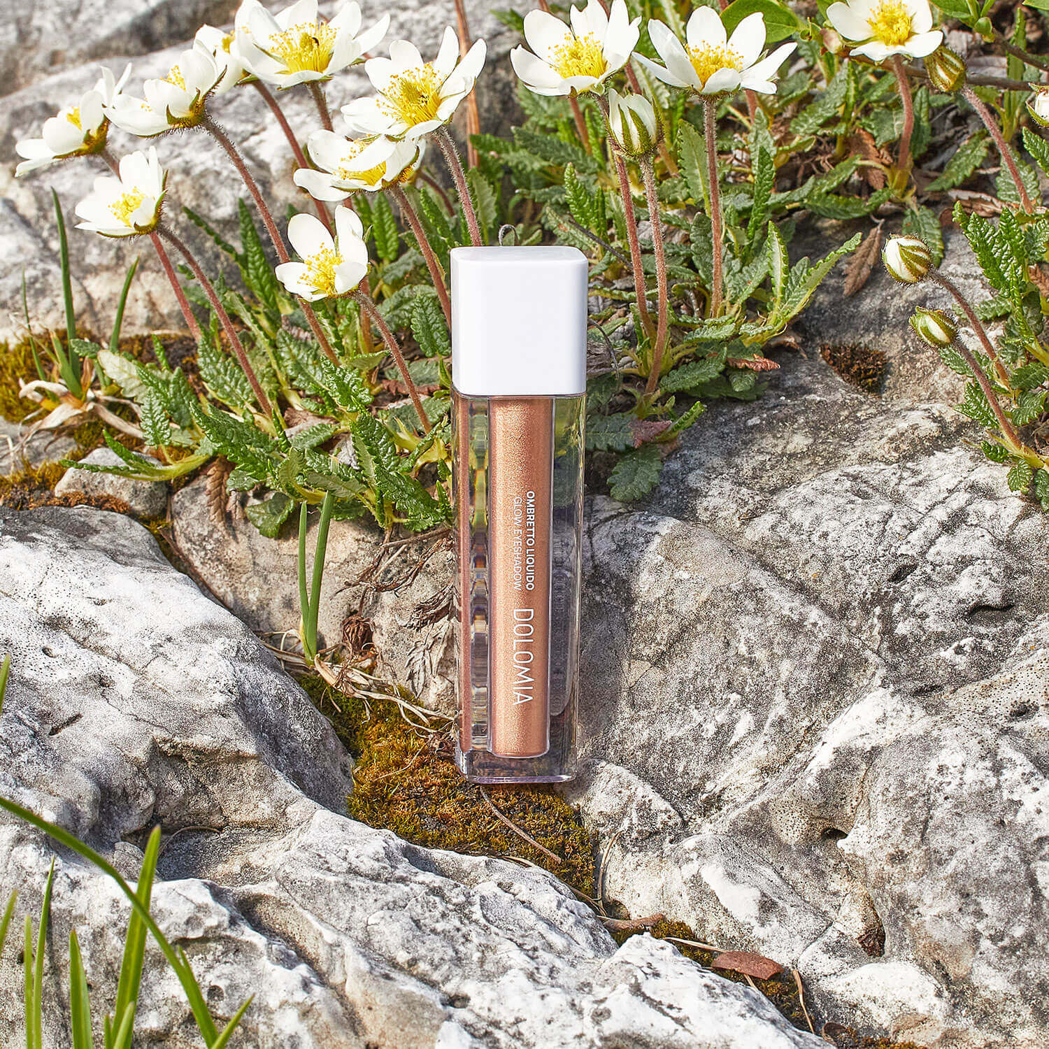 Eine Röhre Flüssiger Lidschatten (3 Farbvarianten) mit weißer Kappe ruht auf grauen Felsen zwischen kleinen weißen Blüten und grünem Laub und erinnert an eine natürliche Umgebung im Freien und den Reiz eines langanhaltenden, schimmernden Finishs.