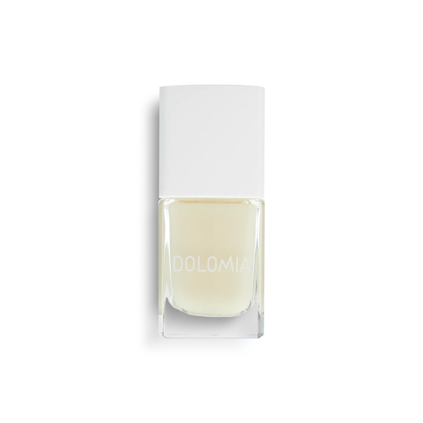 Eine klare Glasflasche von Stärkende Nagellackbasis mit einer weißen rechteckigen Kappe steht vor einem schlichten weißen Hintergrund - perfekt für die Pflege von brüchigen Nägeln.