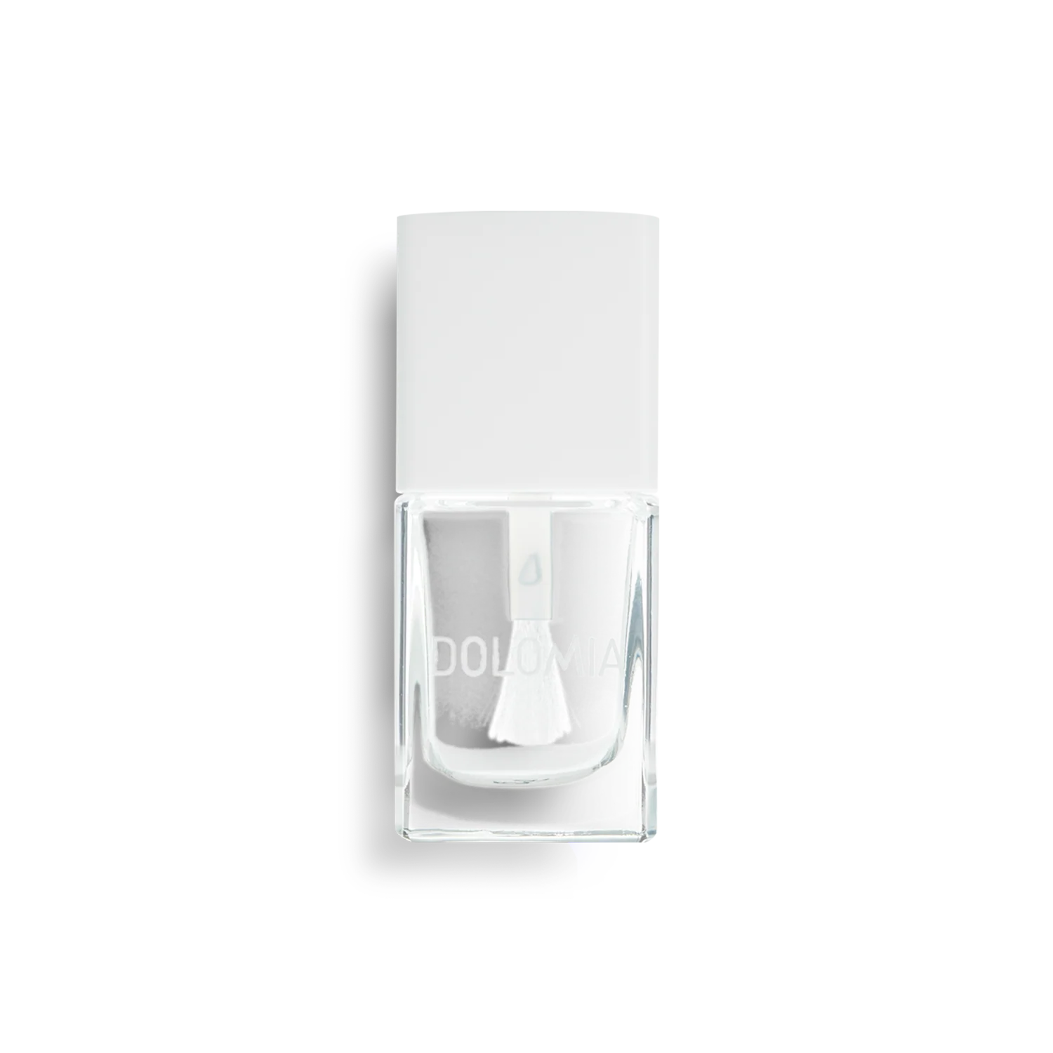Eine durchsichtige Flasche DOLOMIA Repair SOS-Nagellackbasis für brüchige Nägel mit weißem Verschluss und Pinsel ist vor einem schlichten weißen Hintergrund abgebildet.