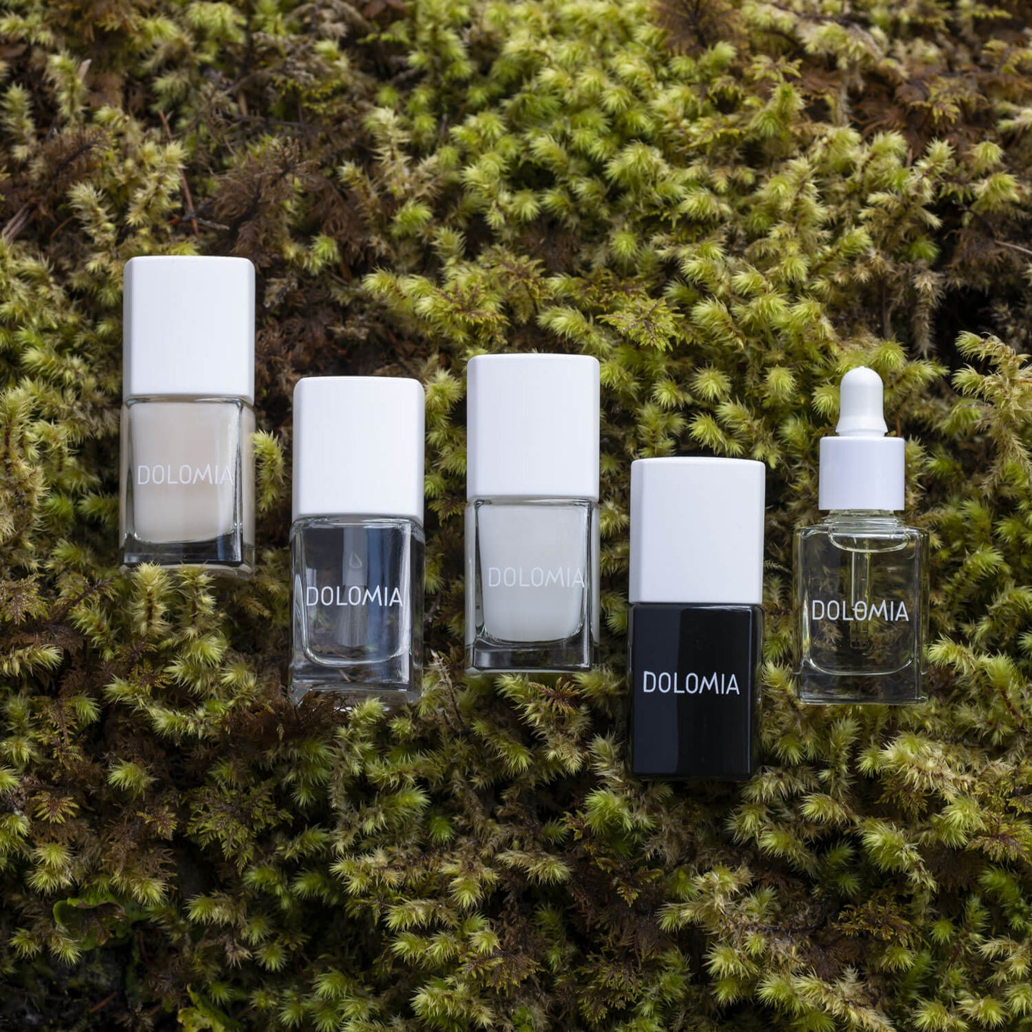 Fünf Dolomia-Pflegeflaschen in verschiedenen Größen mit Tropf- und Standardverschluss sind auf grünem Moos arrangiert - eine inspirierende Szene für Stärkende Nagellackbasis, ideal zur Stärkung und Pflege brüchiger Nägel.