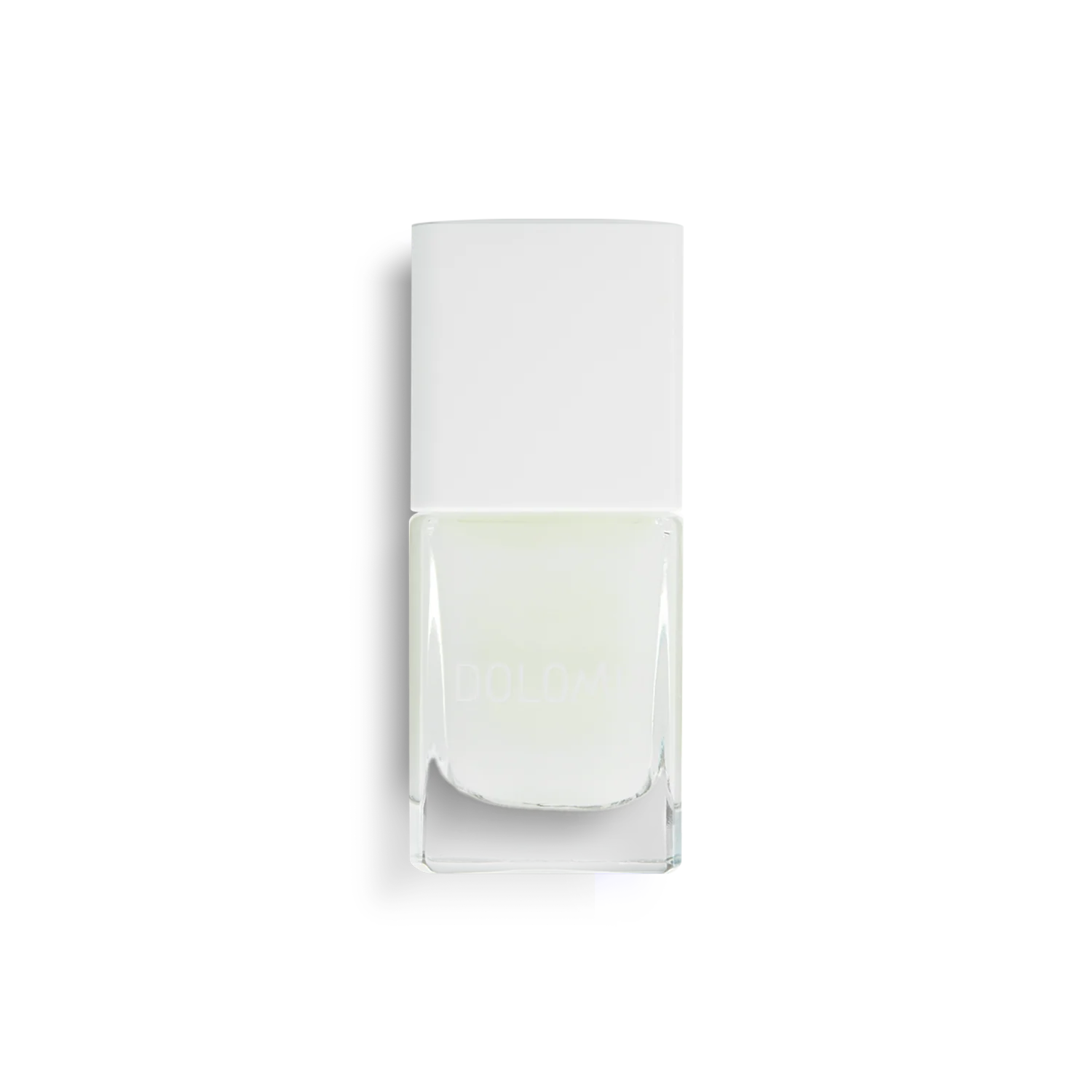 Eine klare Glasflasche von Stärkende Nagellackbasis mit einer quadratischen weißen Kappe, perfekt für brüchige Nägel, steht auf einem schlichten weißen Hintergrund. Diese 5 in 1 Pflegeformel stärkt und schützt Ihre Nägel.