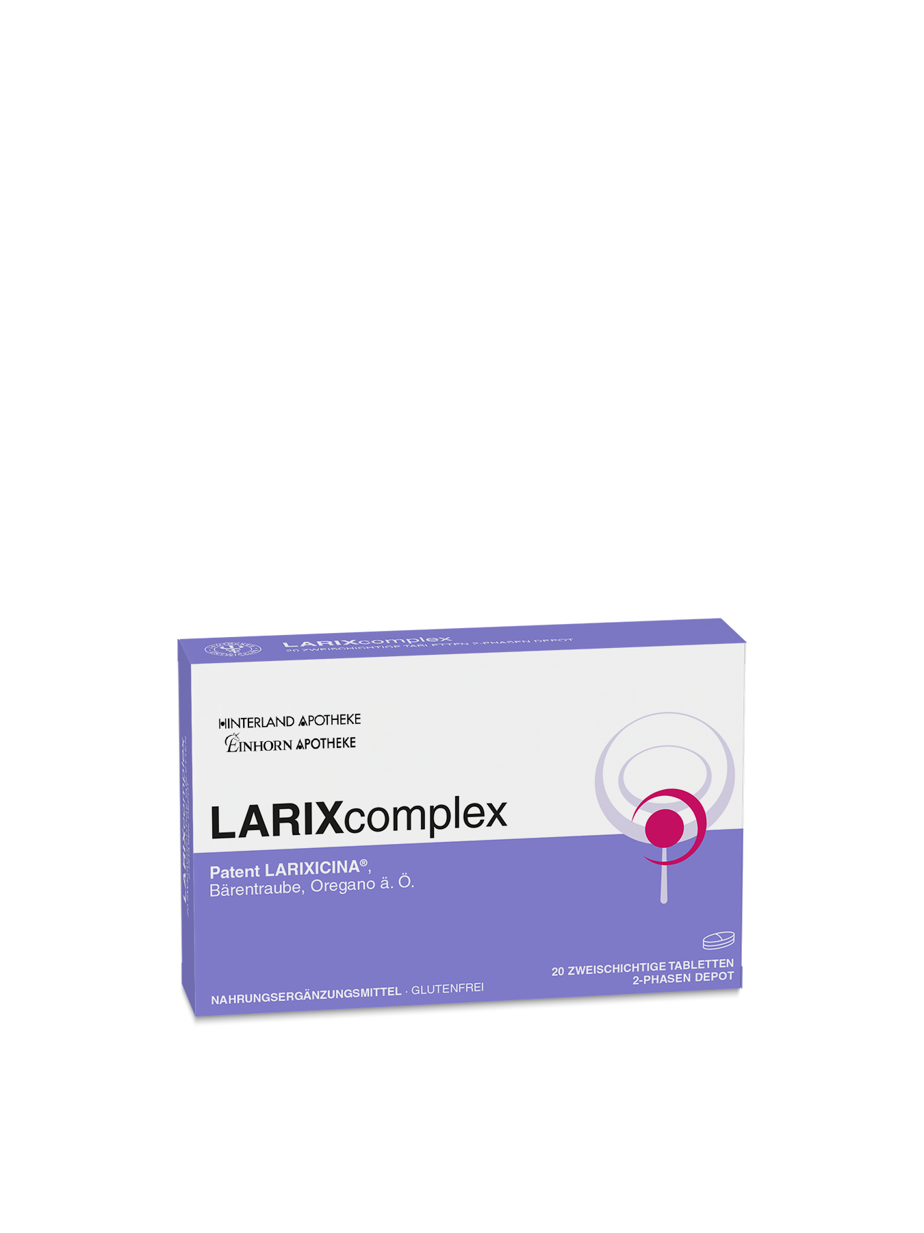 Eine Schachtel mit LARIXcomplex in weißem und lila Design mit deutschem Text und einer kreisförmigen Grafik auf der rechten Seite. Enthält 20 glutenfreie Kautabletten mit Lärche Larixicina und Oreganoöl als Inhaltsstoffe.