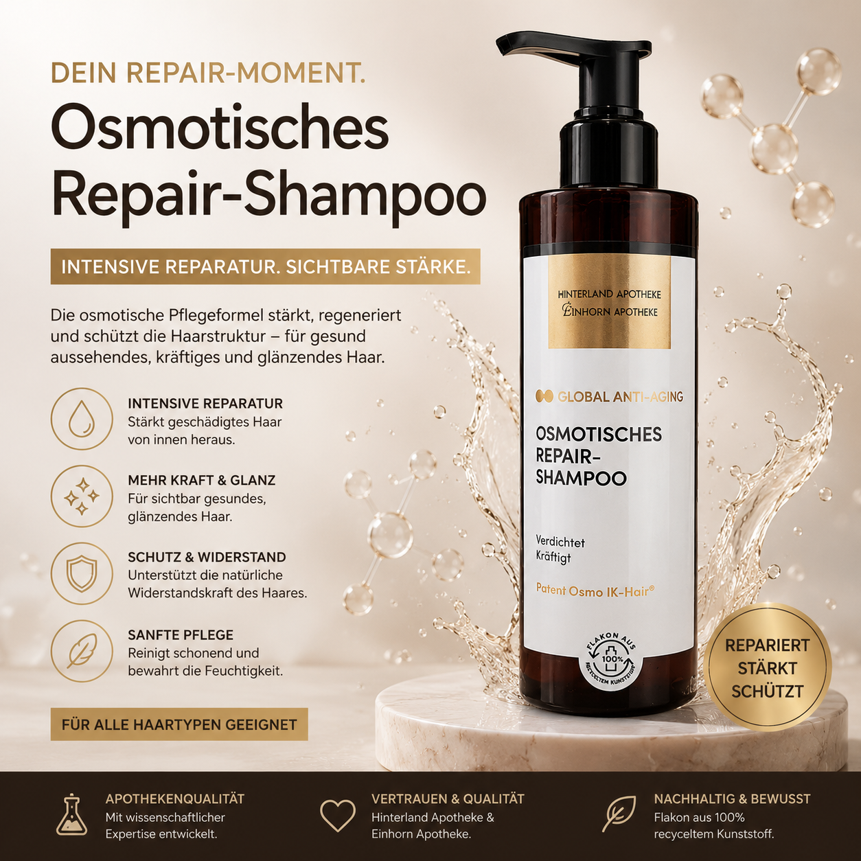 Eine braune Flasche „Osmotisches Repair-Shampoo“ steht auf einem hellen Untergrund, auf dem in gold-weißer Schrift die reparierenden und Anti-Aging-Wirkungen beschrieben werden. Symbole weisen auf Glanz, Schutz und sanfte Reinigung hin. Für alle Haartypen geeignet.