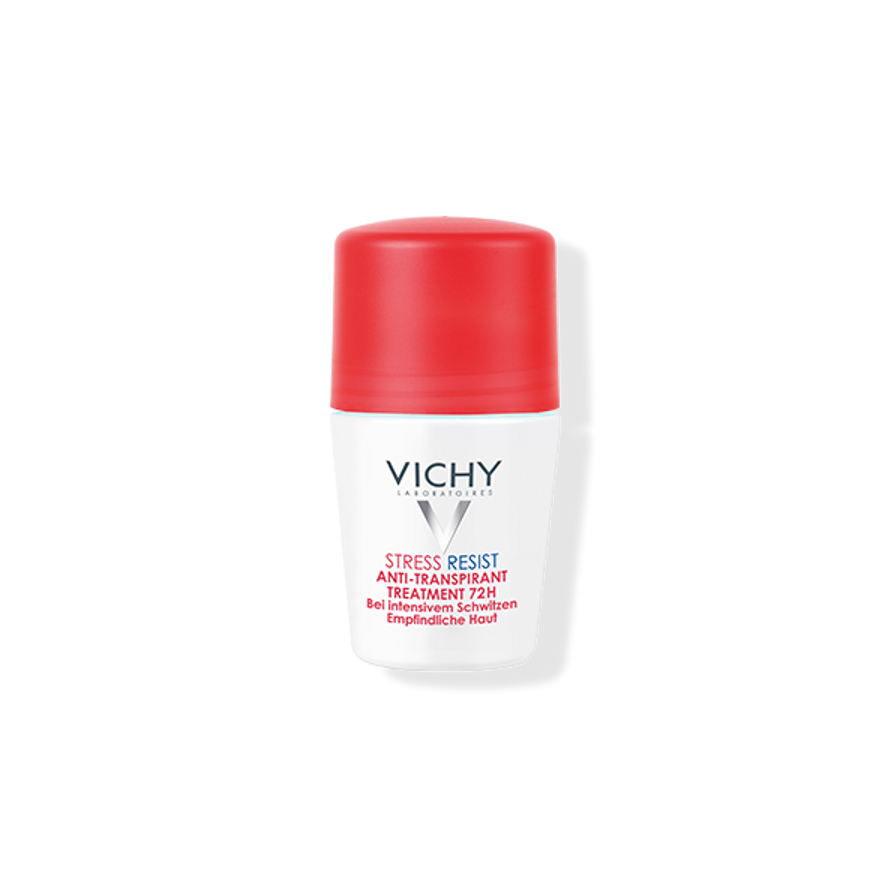 Der VICHY DEO Stress Resist 72h Roll-on der Hinterland Apotheke besteht aus einer weißen Flasche mit roter Kappe, auf der der Marken- und Produktname sowie Details in schwarzer und roter Schrift zu lesen sind.