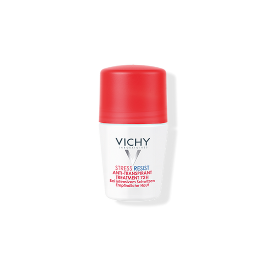 Der VICHY DEO Stress Resist 72h Roll-on der Hinterland Apotheke besteht aus einer weißen Flasche mit roter Kappe, auf der der Marken- und Produktname sowie Details in schwarzer und roter Schrift zu lesen sind.