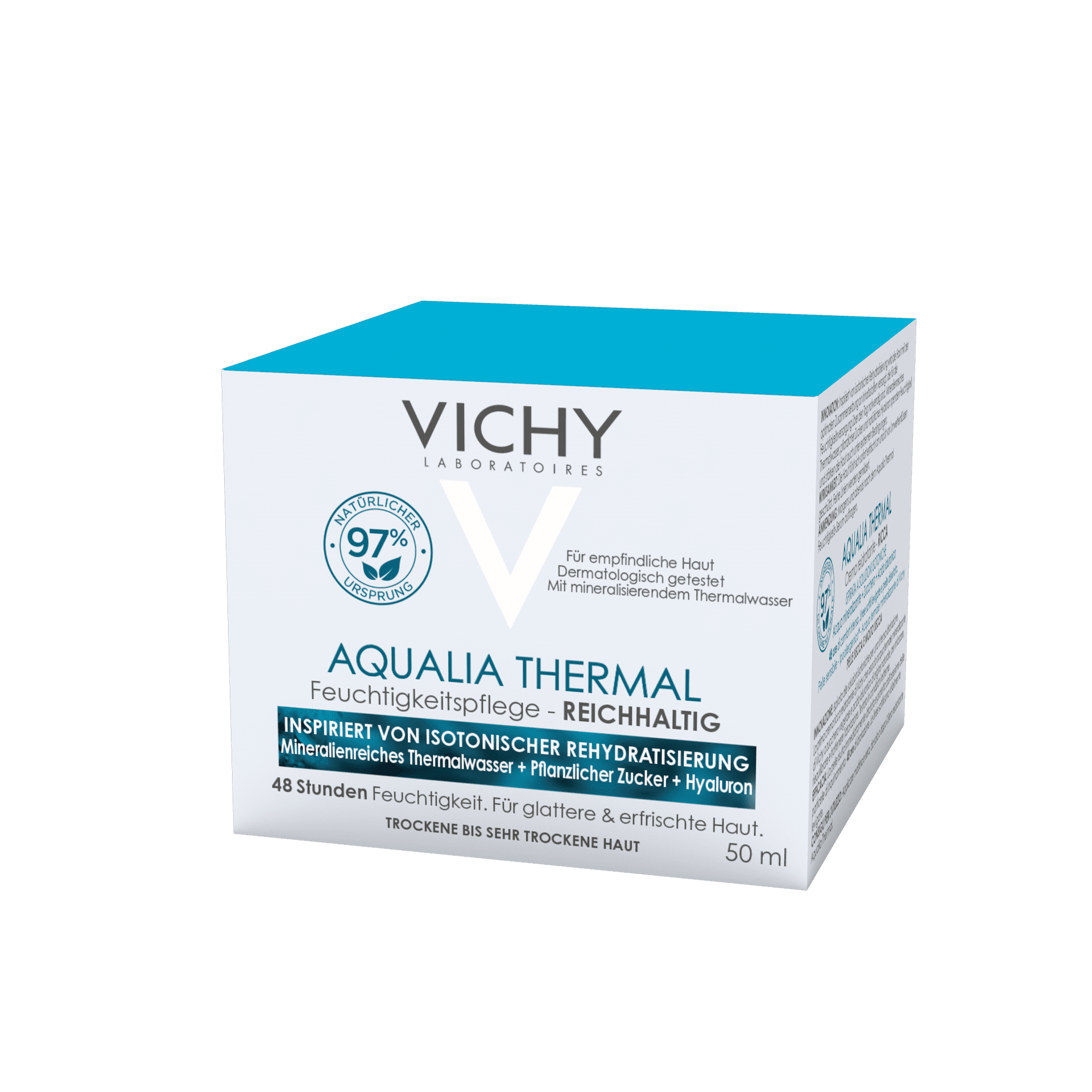 Eine 50ml Dose VICHY AQUALIA Thermal reichhaltige Creme/R von Hinterland Apotheke, in weißer Verpackung mit blauen Akzenten und deutschem Text, bietet intensive Feuchtigkeitspflege mit Hyaluron und Thermalwasser für trockene bis sehr trockene Haut.