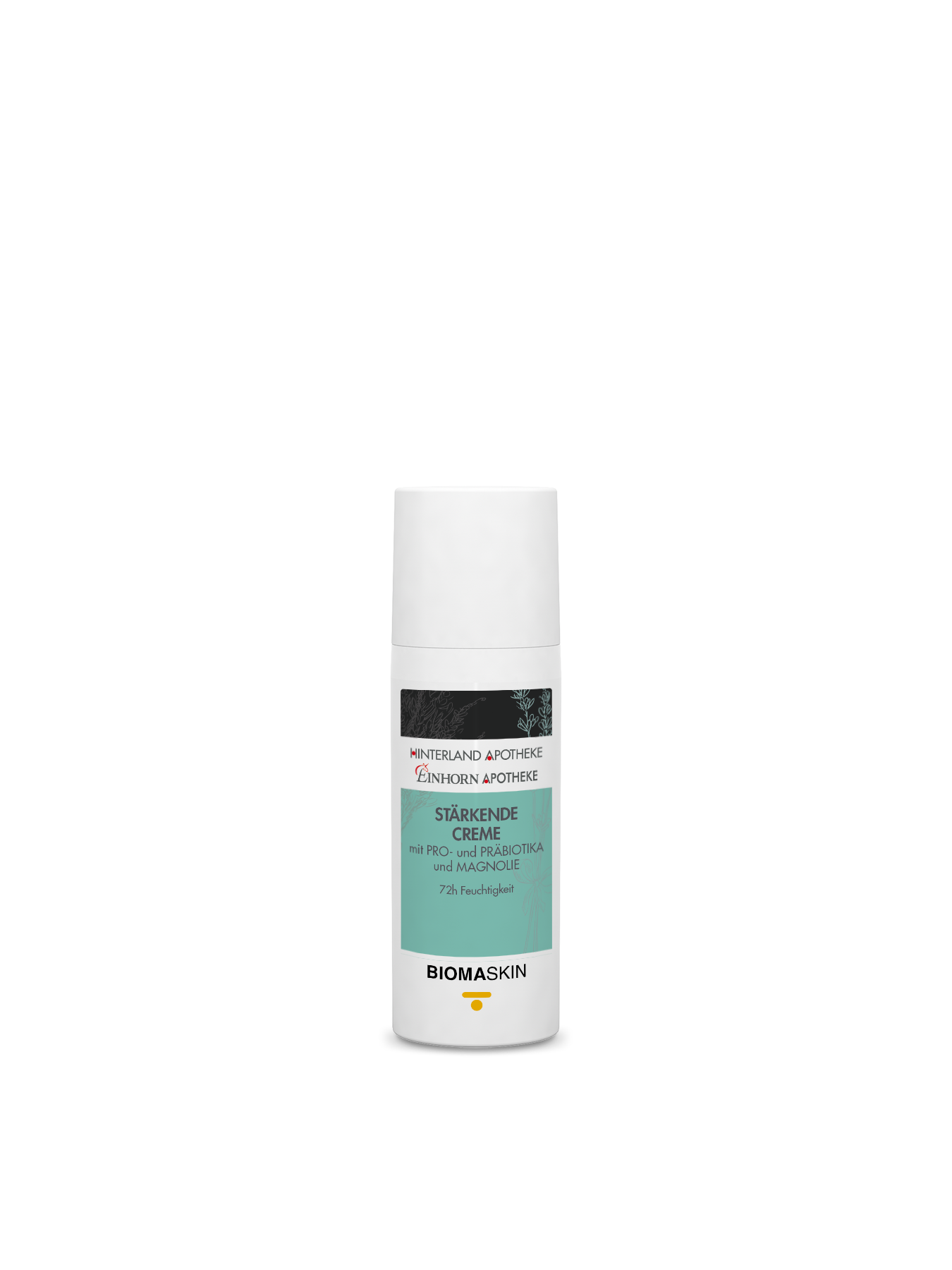 Ein weißes Pumpfläschchen mit der Aufschrift Stärkendes Serum von Biomaskin, mit einem teal-schwarzen Etikett, dem Logo der Hinterland Apotheke Einhorn Apotheke und angereichert mit Pro- und Präbiotika für extra Hautberuhigung.