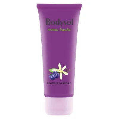 Eine violette Tube Bodysol Aromadusche BROMBEER-VANILLE, ein pflegendes Duschgel mit Brombeer- und Vanillemotiven, mit der Aufschrift BROMBEER-VANILLE.