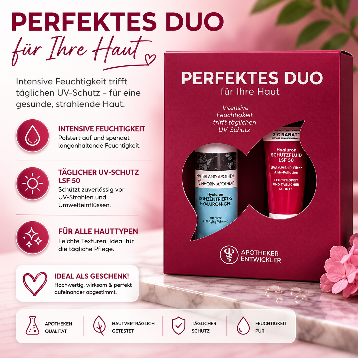 Ein Werbebild zeigt das Perfektes Duo - Konzentriertes Hyaluron-Gel + Hyaluron Schutzfluid LSF 50 in einer rosa-roten Schachtel mit Icons für UV-Schutz, Hydratation, Anti-Aging-Pflege und Geschenktauglichkeit.