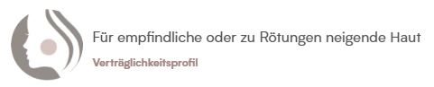 Ein minimalistisches Gesichtssymbol mit einer hervorgehobenen Wange erscheint neben dem deutschen Text: Für empfindliche oder zu Rötungen neigende Haut und Stärkende Nagellackbasis, Verträglichkeitsprofil in kleinen, braunen Buchstaben.