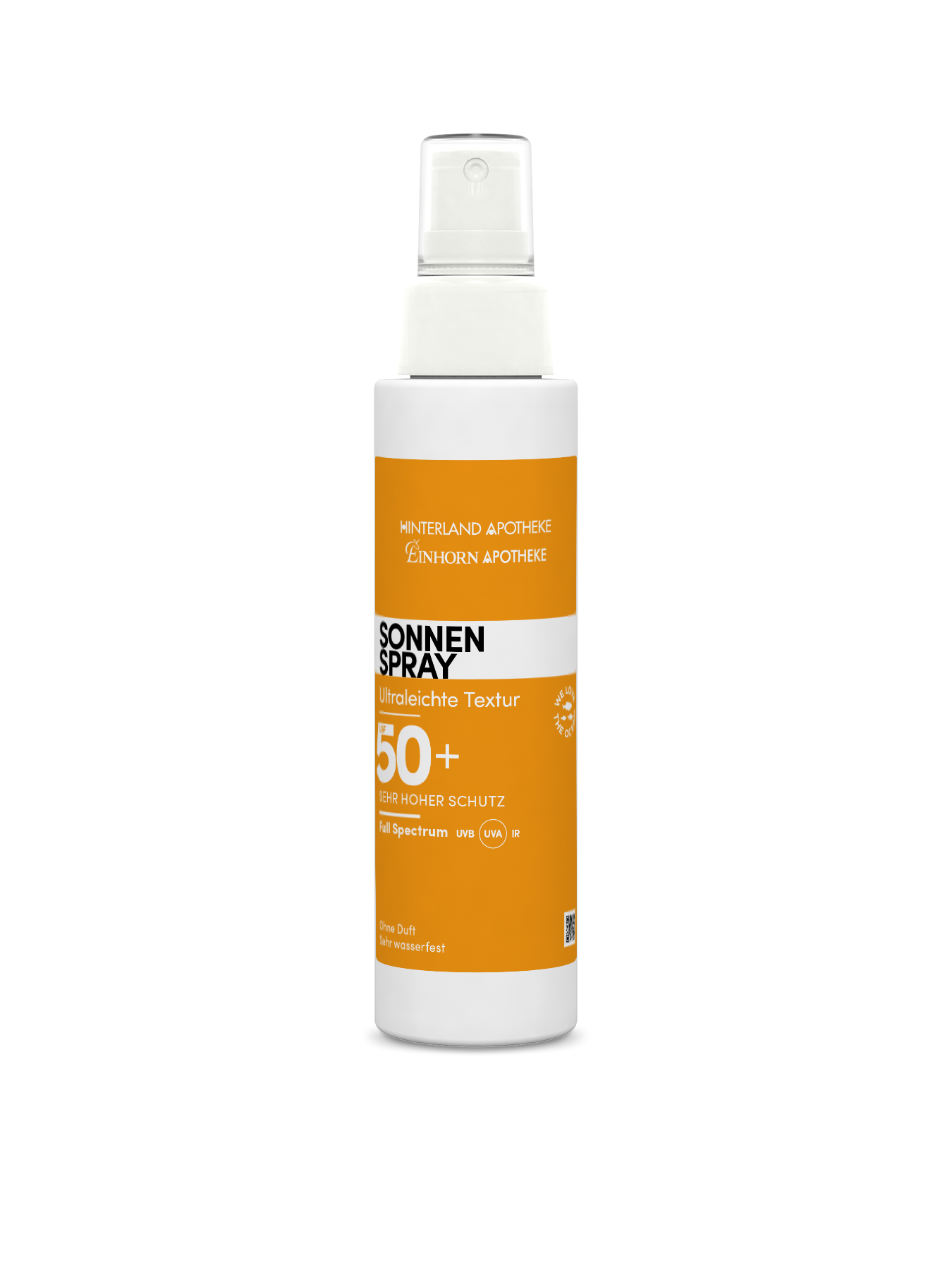 Auf einer weißen Sprühflasche mit orangefarbenem Etikett steht Sonnenspray LSF 50+ mit Vitamin E, ultraleichter Textur, fortschrittlichem UVA-UVB-IR-Schutz und einem deutschen Text, der die Vorteile des Vollspektrum-Sonnenschutzes hervorhebt.