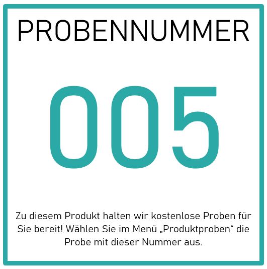 Weiße Karte mit schwarzem Rahmen, oben steht PROBENNUMMER, darunter groß die Zahl 005. Unten ein Hinweistext zu kostenlosen Proben für empfindliche Haut und Couperose - passend zur Anti-Rötungen Tagescreme LSF 15.