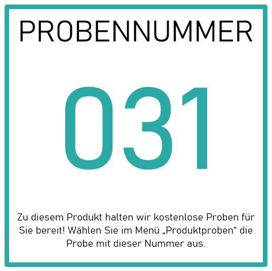 Weißes Schild mit türkisem Rand zeigt PROBENNUMMER 031. Kostenlose Proben von Hyaluron Schutzfluid LSF 30 von Hinterland Apotheke sind verfügbar - wählen Sie 031 im Menü Produktproben für Details.