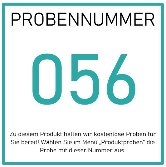 Auf einem Schild steht PROBENNUMMER mit der großen Zahl 056. Darunter steht: Für dieses Produkt sind kostenlose Proben der Hinterland Apotheke Physiologische Intim-Waschlotion pH 5,5 mit beruhigendem Ringelblumenextrakt erhältlich.