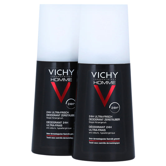 Zwei schwarze VICHY HOMME Deo Zerstäuber DOPPELPACK Flaschen der Hinterland Apotheke mit weißem Verschluss, rotem "V" und weißer Schrift. Ideal für empfindliche Haut, geruchsneutralisierend, langanhaltende Frische.