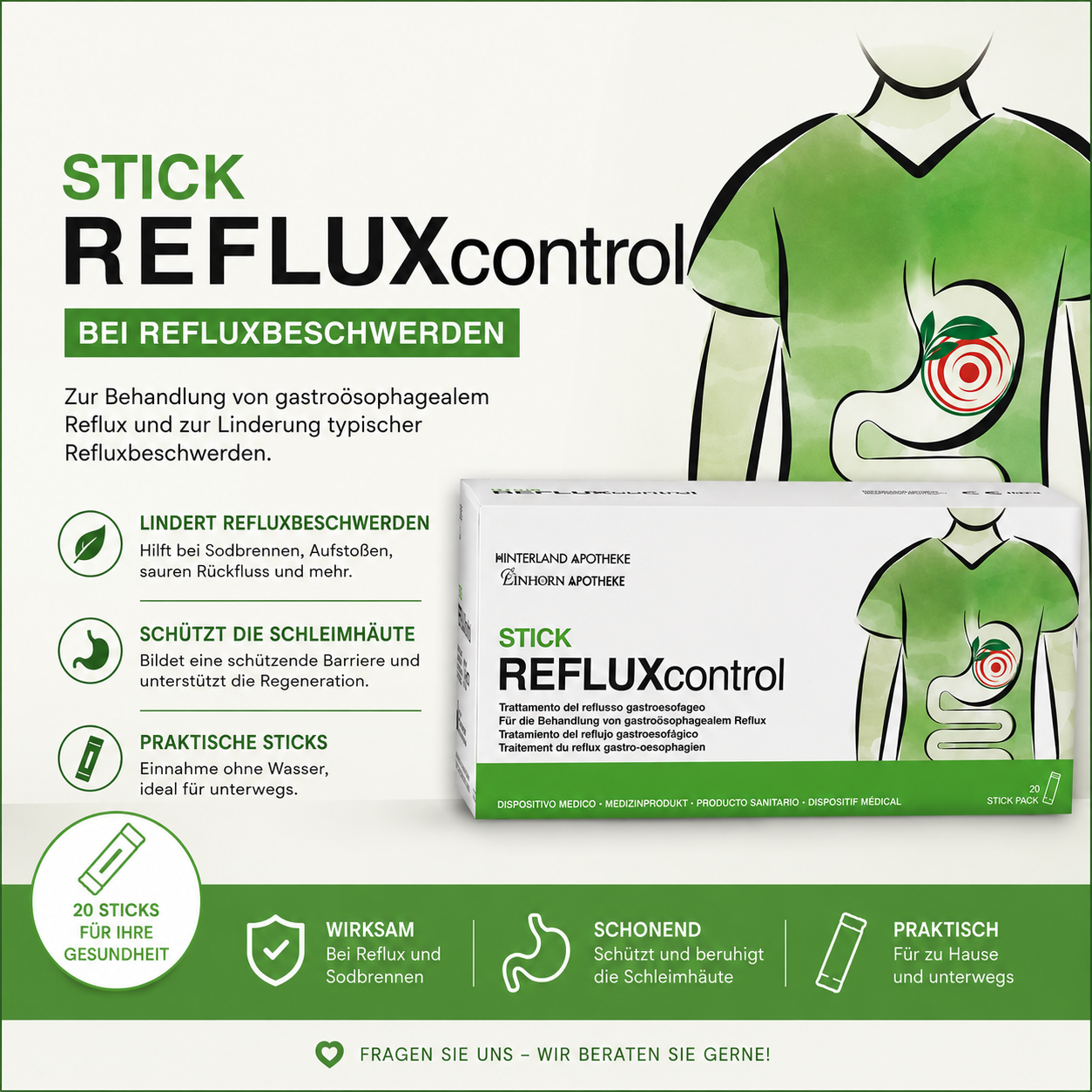 Eine deutsche Anzeige für REFLUXcontrol STICK, mit Natriumalginat gegen Sodbrennen und gastroösophagealen Reflux, zeigt eine grün-weiße Box, Icons, Torso-Abbildungen mit hervorgehobenem Magen/Ösophagus und hebt Vorteile und Anwendung hervor.