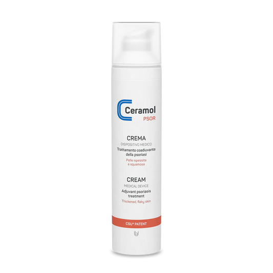 Eine weiße Flasche CERAMOL PSOR Creme mit Pumpspender, beschriftet in Italienisch und Englisch als Medizinprodukt zur unterstützenden Pflege bei Psoriasis. Mit blauen und orangefarbenen Akzenten. Bietet lipidrückführende Hautpflege.