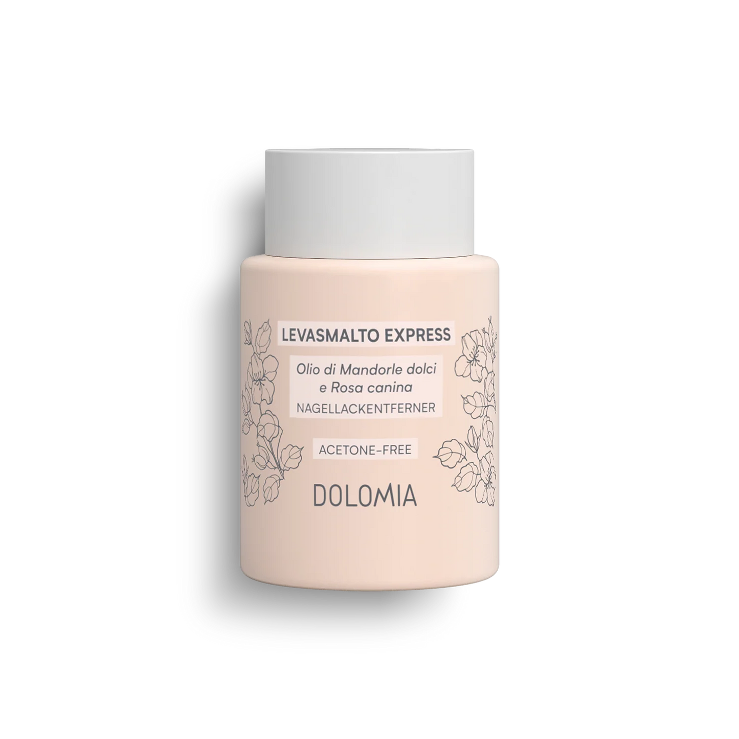 Eine hellrosa Flasche von Express Nagellackentferner mit floraler Linienführung und italienisch-deutschem Text auf dem Etikett. Ideal für die sanfte Nagelpflege.