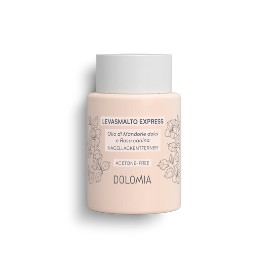 Eine hellrosa Flasche von Express Nagellackentferner mit floraler Linienführung und italienisch-deutschem Text auf dem Etikett. Ideal für die sanfte Nagelpflege.
