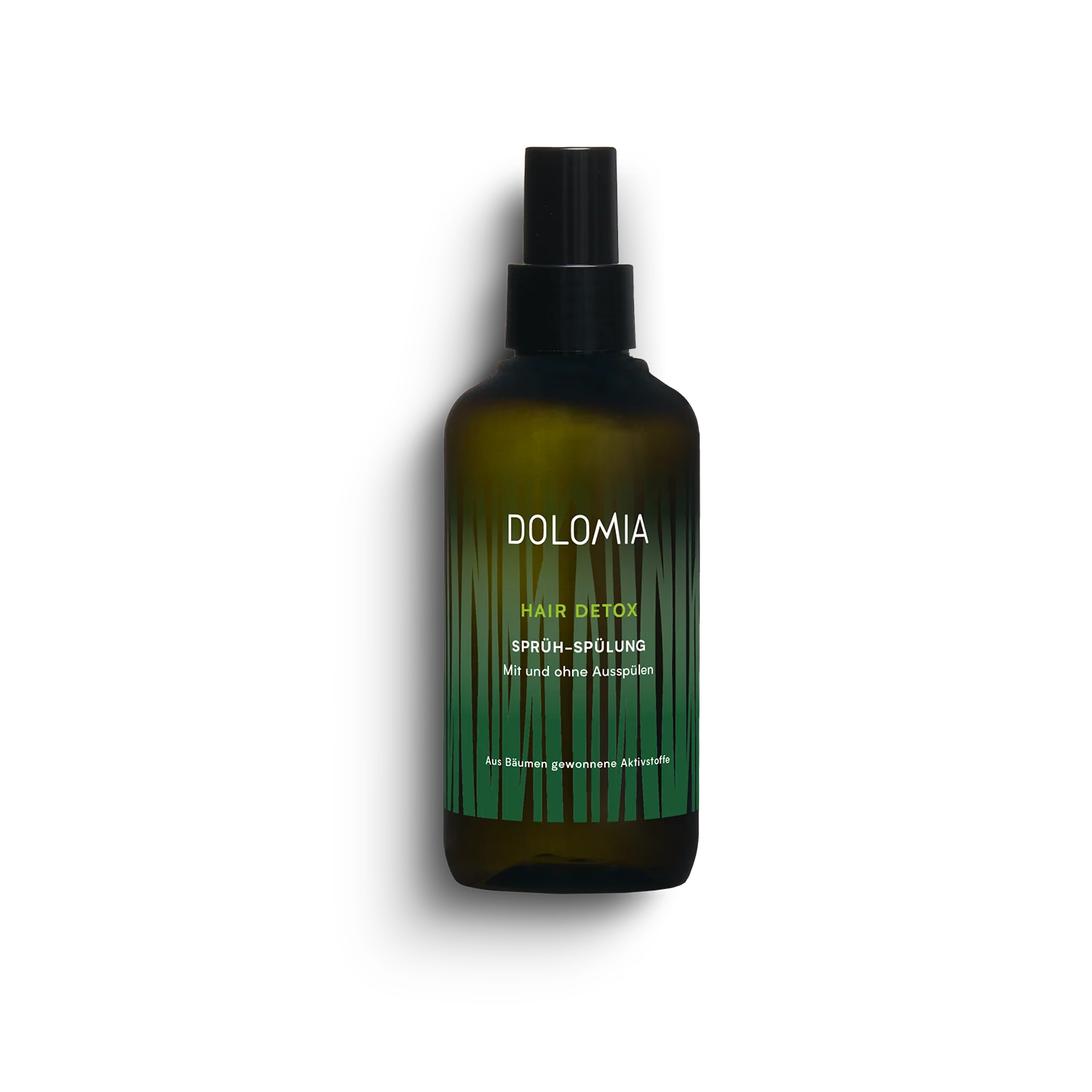 Eine dunkelgrüne Sprühflasche mit der Aufschrift Hair Detox - Sprüh-Spülung steht aufrecht auf einem schlichten weißen Hintergrund, mit einer schwarzen Kappe und einem vertikalen grünen Farbverlaufsdesign.