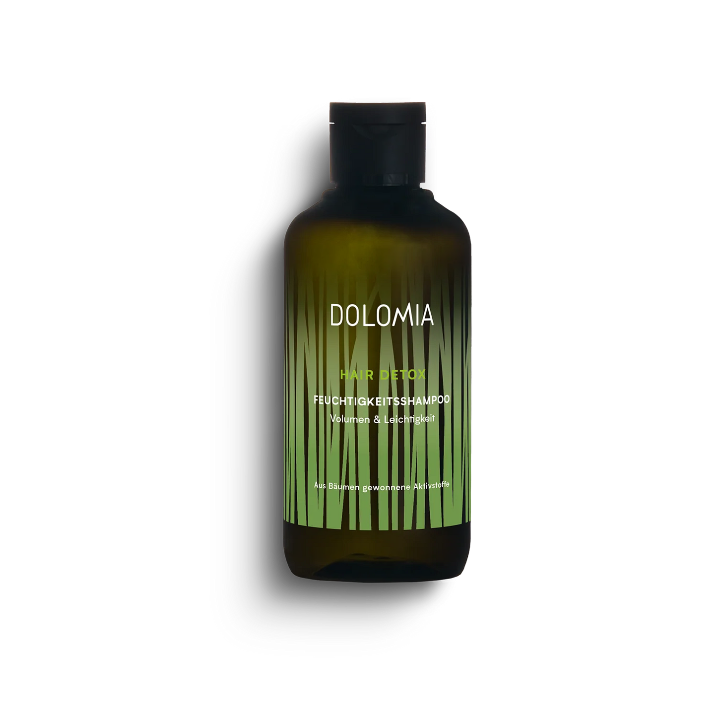 Eine dunkelgrüne Flasche Hair Detox - Repair-Shampoo mit einer schwarzen Kappe und einem grasähnlichen Design steht auf einem weißen Hintergrund - ideal für geschädigtes Haar.