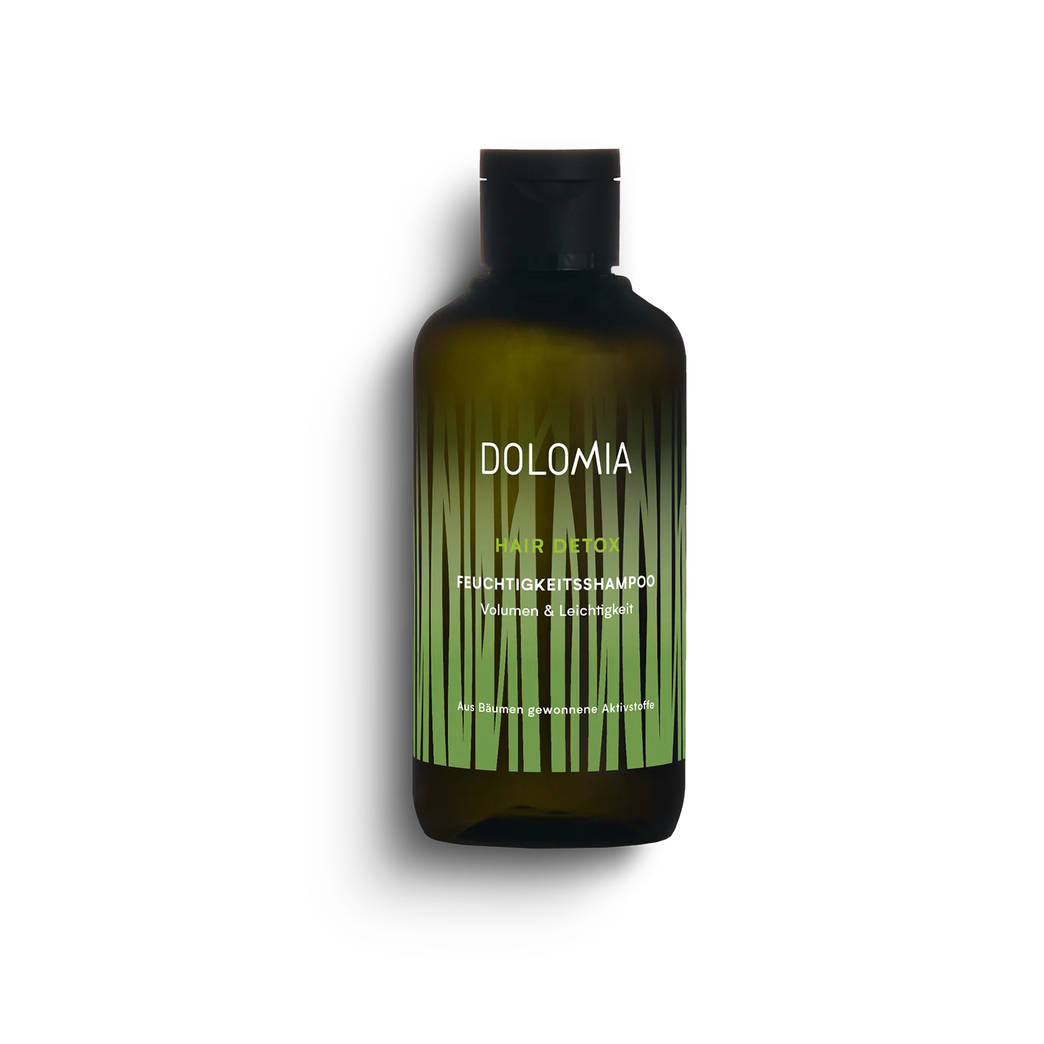 Eine dunkelgrüne Flasche Hair Detox - Repair-Shampoo mit einer schwarzen Kappe und einem grasähnlichen Design steht auf einem weißen Hintergrund - ideal für geschädigtes Haar.