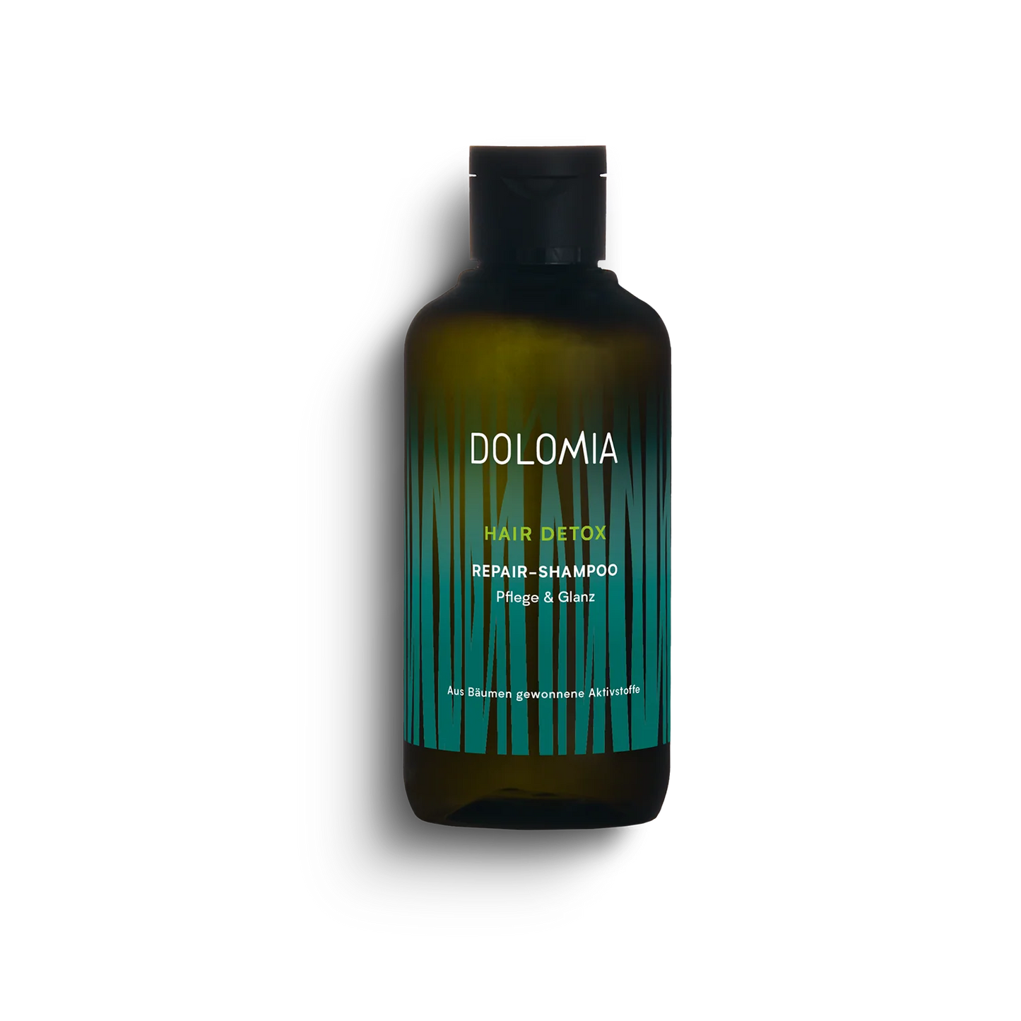 Eine dunkelgrüne Flasche mit der Aufschrift Hair Detox - Repair-Shampoo mit schwarzer Kappe, mit minimalistischen vertikalen grünen Linien und deutschem Text am Boden, ideal für geschädigtes Haar und Detox-Effekt.