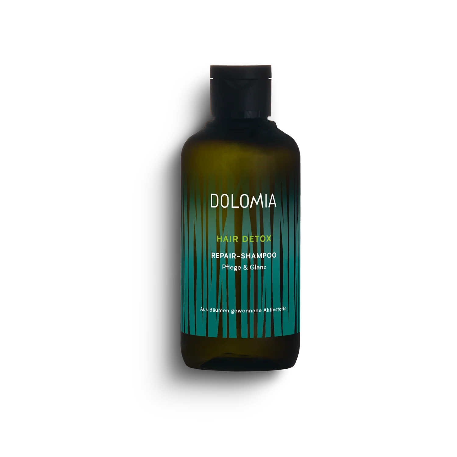 Eine dunkelgrüne Flasche mit der Aufschrift Hair Detox - Repair-Shampoo mit schwarzer Kappe, mit minimalistischen vertikalen grünen Linien und deutschem Text am Boden, ideal für geschädigtes Haar und Detox-Effekt.