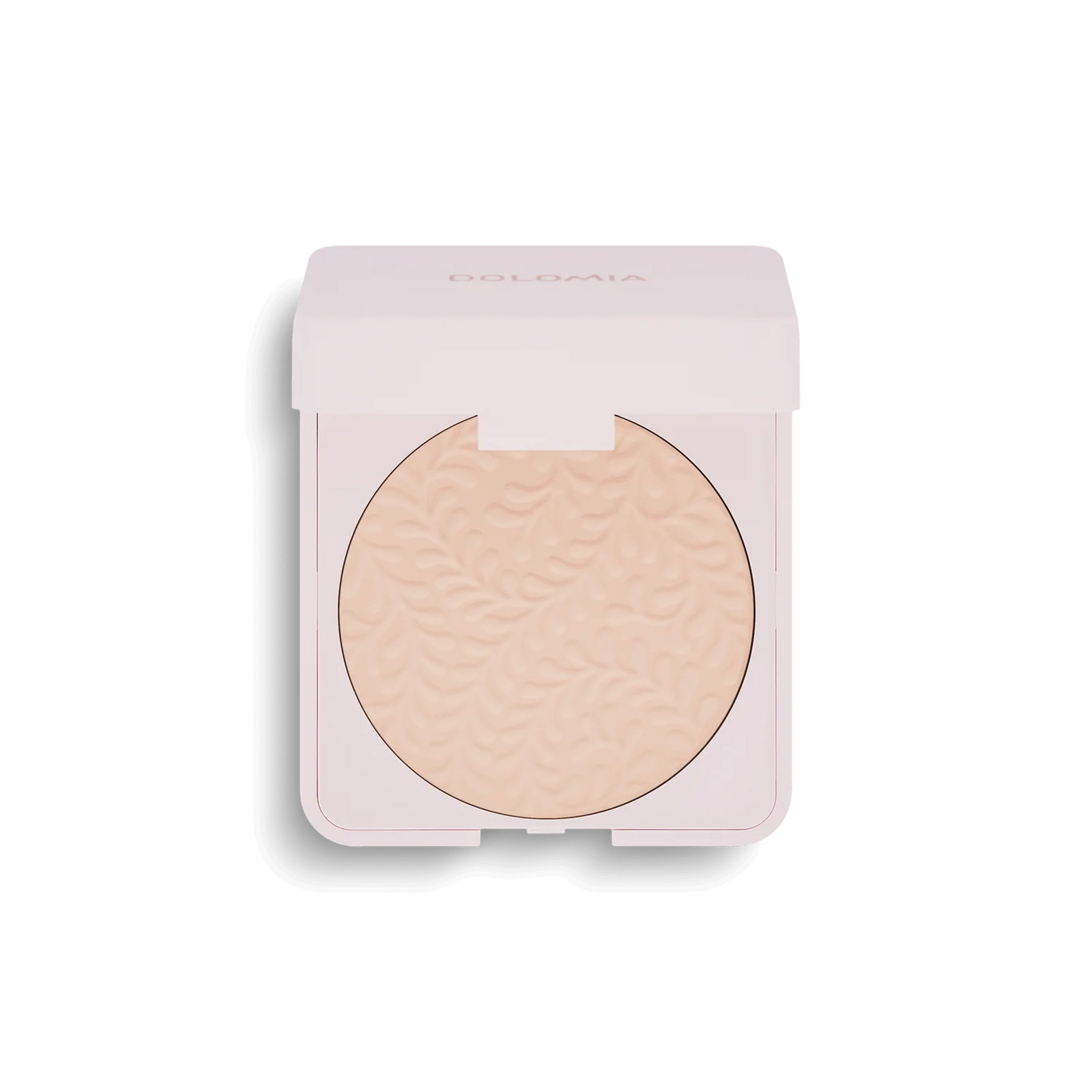 Mattierender Puder ist ein hellbeiger, mattierender Puder mit einem Blattmuster in einer hellrosa, quadratischen Puderdose mit leicht geöffnetem Deckel, der die Poren verfeinert und den Glanz reduziert.