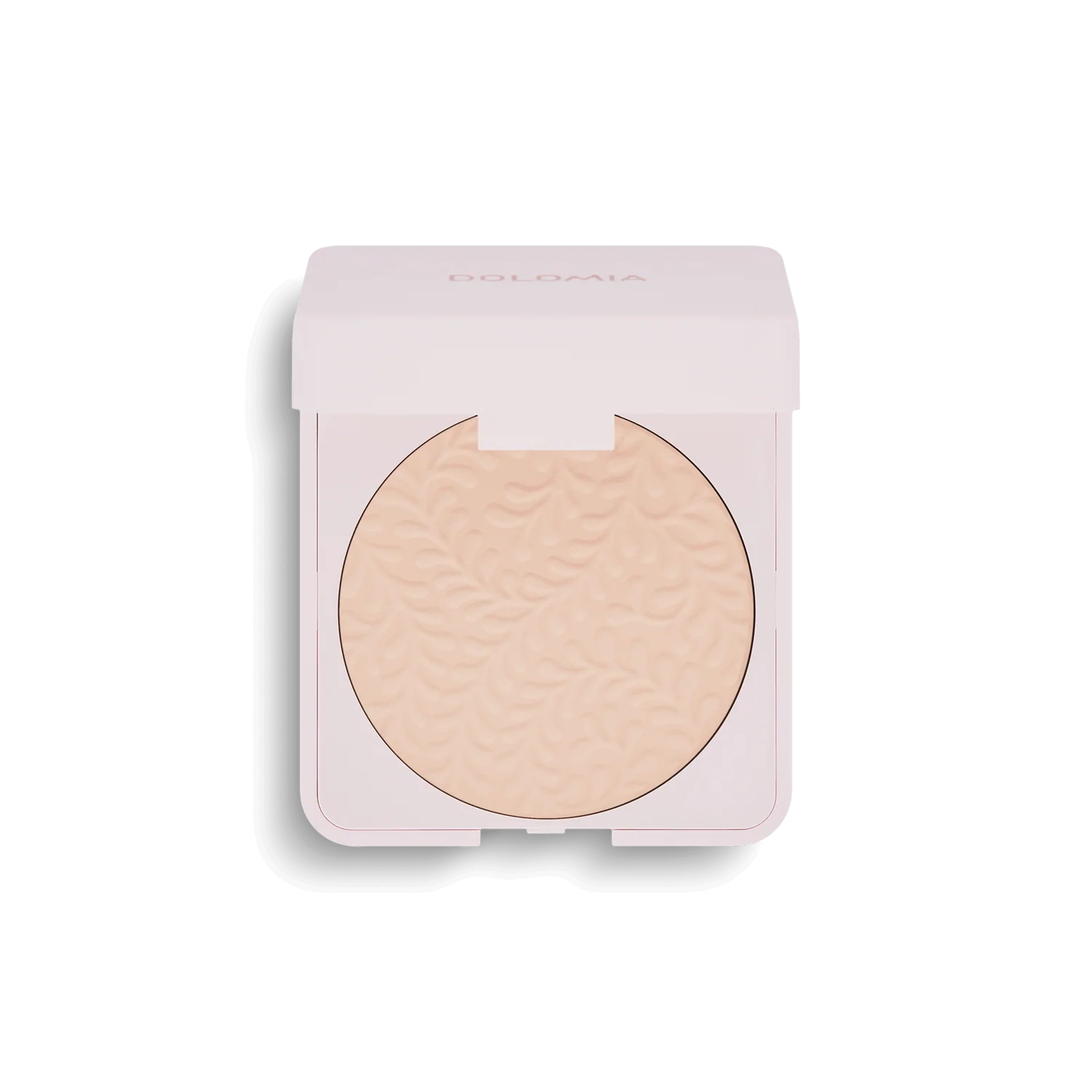 Mattierender Puder ist ein hellbeiger, mattierender Puder mit einem Blattmuster in einer hellrosa, quadratischen Puderdose mit leicht geöffnetem Deckel, der die Poren verfeinert und den Glanz reduziert.