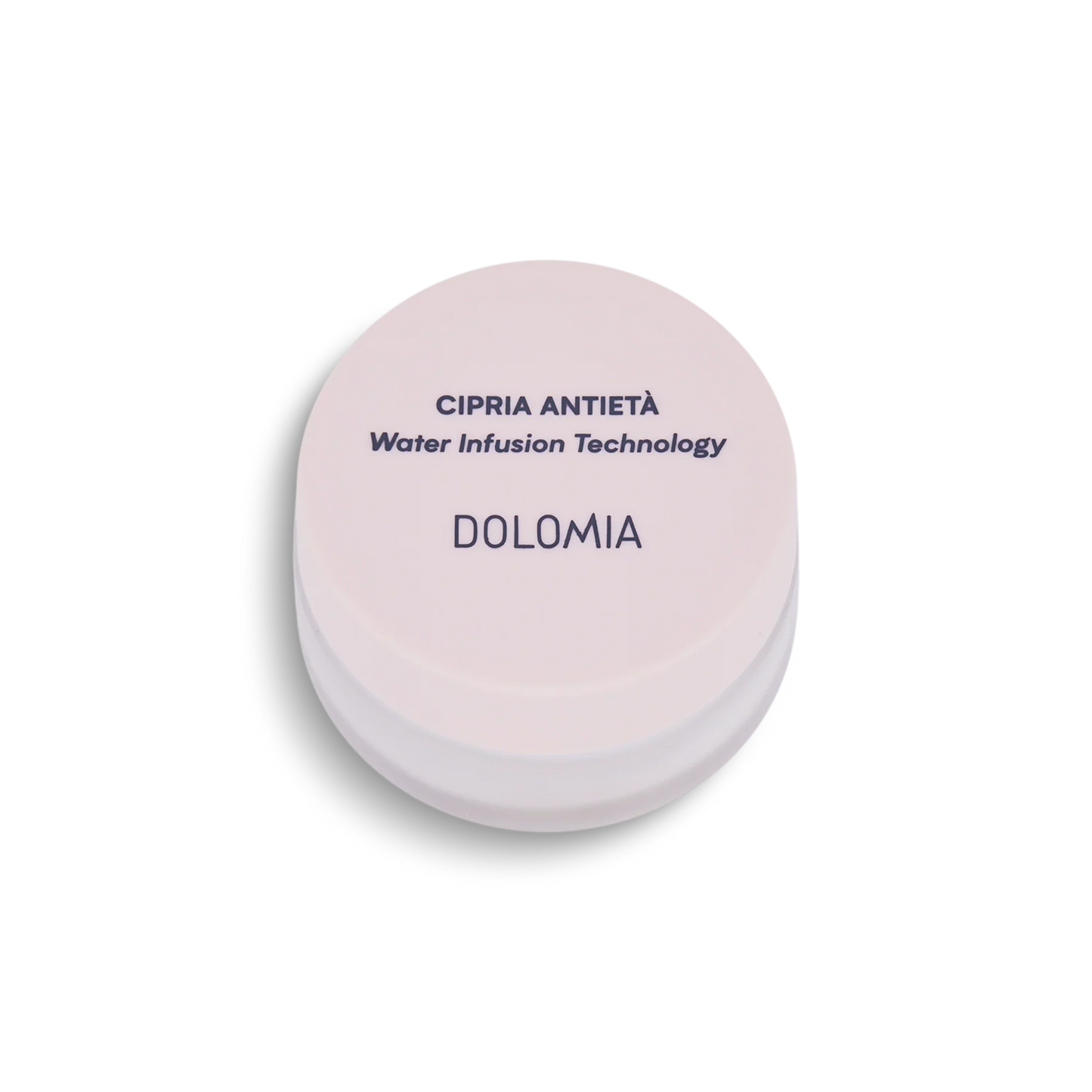 Ein runder, hellrosa Kosmetikbehälter mit der Aufschrift Anti-Aging Puder mit Water Infusion Technology und Edelweiß-Extrakt für einen makellosen Teint, von oben gesehen auf weißem Hintergrund.