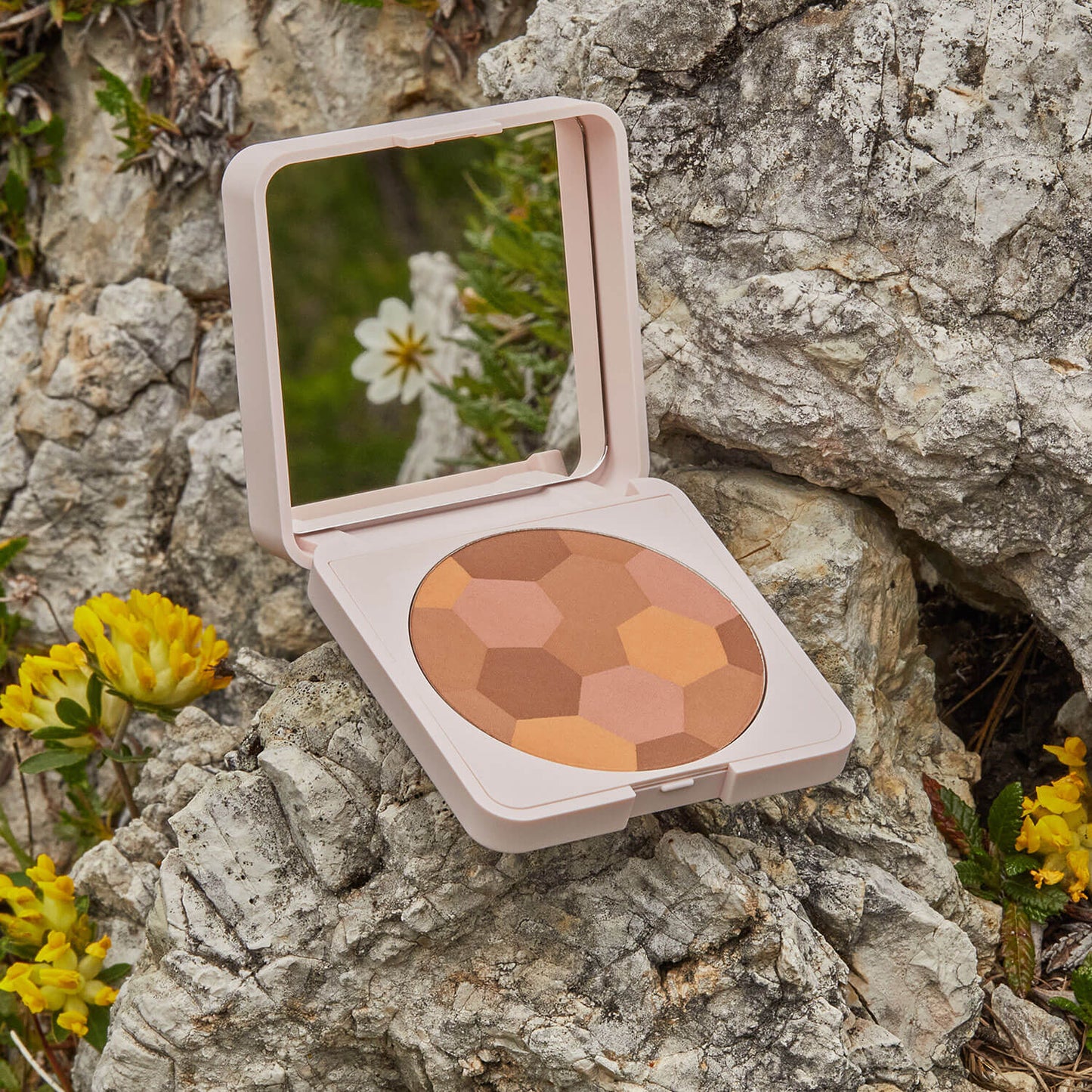 Der offene Natural Glow Bronzer mit geometrischem Muster sitzt auf einem Felsen inmitten von gelben Blumen und Grün. Auf seinem verspiegelten Deckel spiegelt sich eine weiße Blüte und betont die natürlichen Inhaltsstoffe für einen strahlenden Teint.