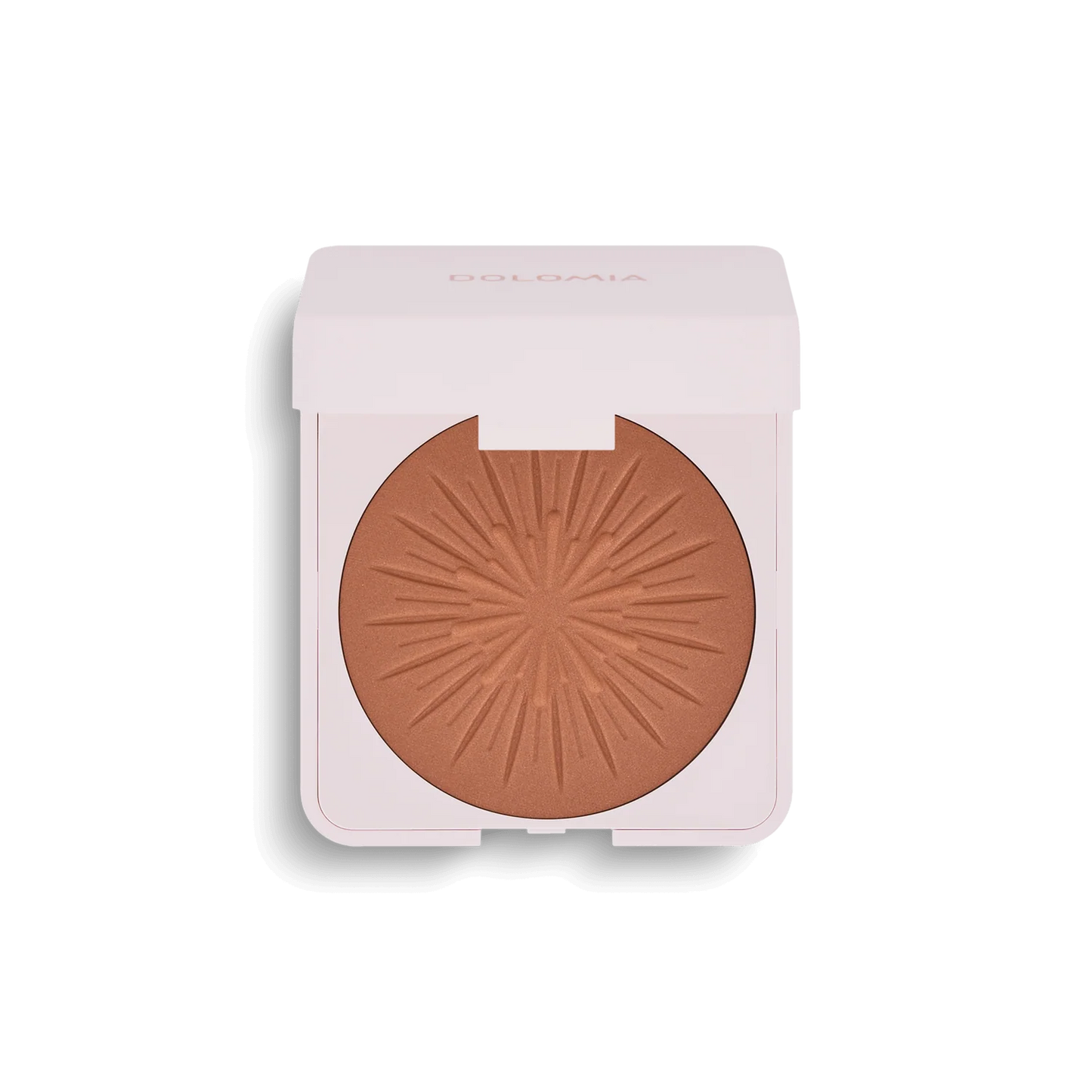 Bräunungspuder ist ein kompakter Bronzer mit gepresstem Puder im Sonnenschliff-Design, untergebracht in einem weißen, quadratischen Etui mit Scharnierdeckel. Auf dem Deckel ist dezent der Markenname DOLOMIA zu sehen.