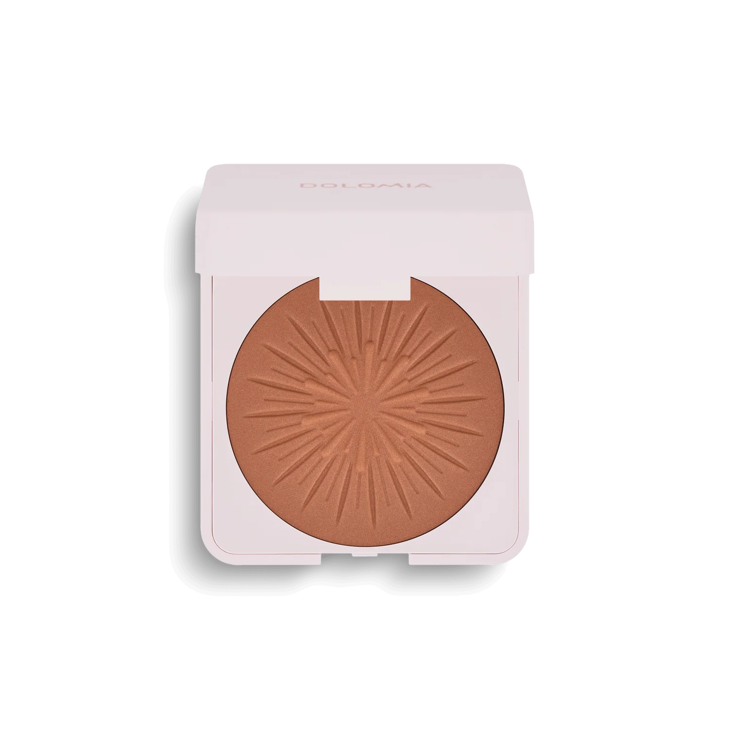 Bräunungspuder ist ein kompakter Bronzer mit gepresstem Puder im Sonnenschliff-Design, untergebracht in einem weißen, quadratischen Etui mit Scharnierdeckel. Auf dem Deckel ist dezent der Markenname DOLOMIA zu sehen.