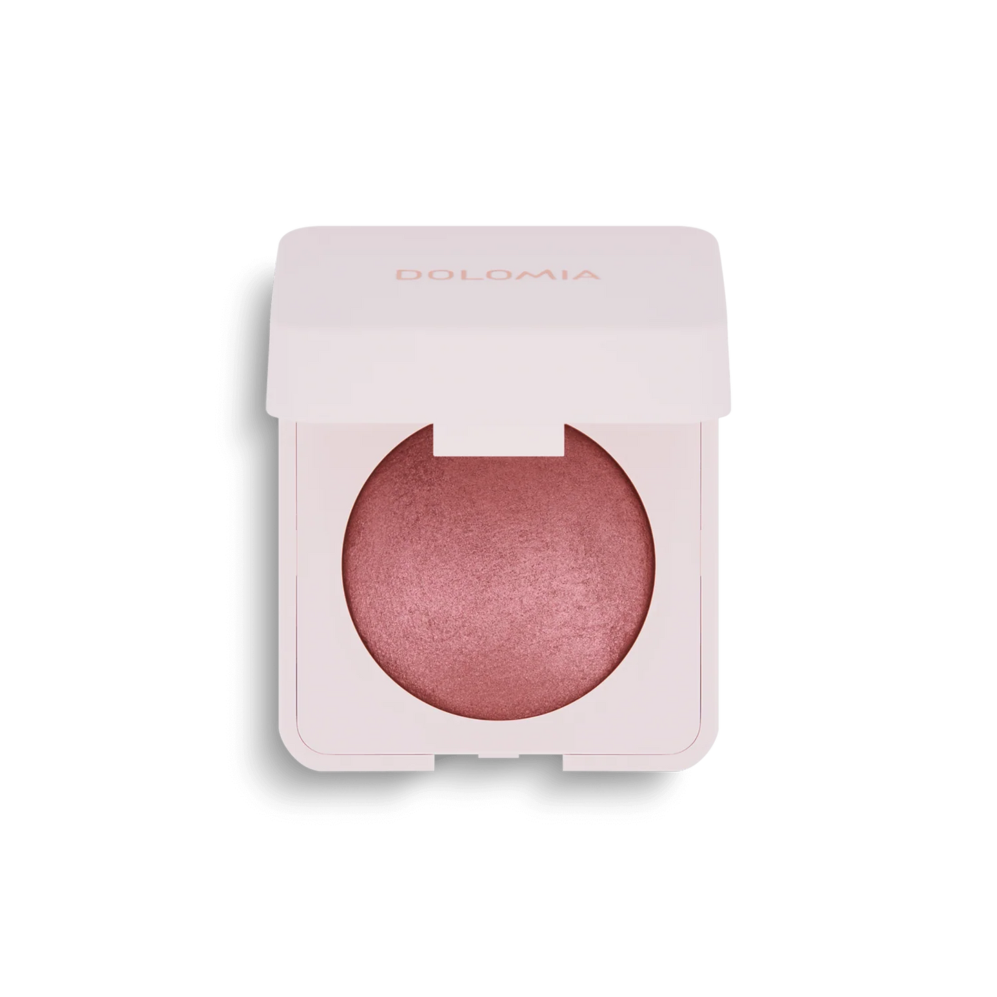 Das Mineral Rouge (2 Farbvarianten) kommt in einem blassrosa quadratischen DOLOMIA Etui mit gebackenem Rouge in einer runden, auf weißem Hintergrund offen dargestellten Schale, ideal für einen natürlichen Teint.