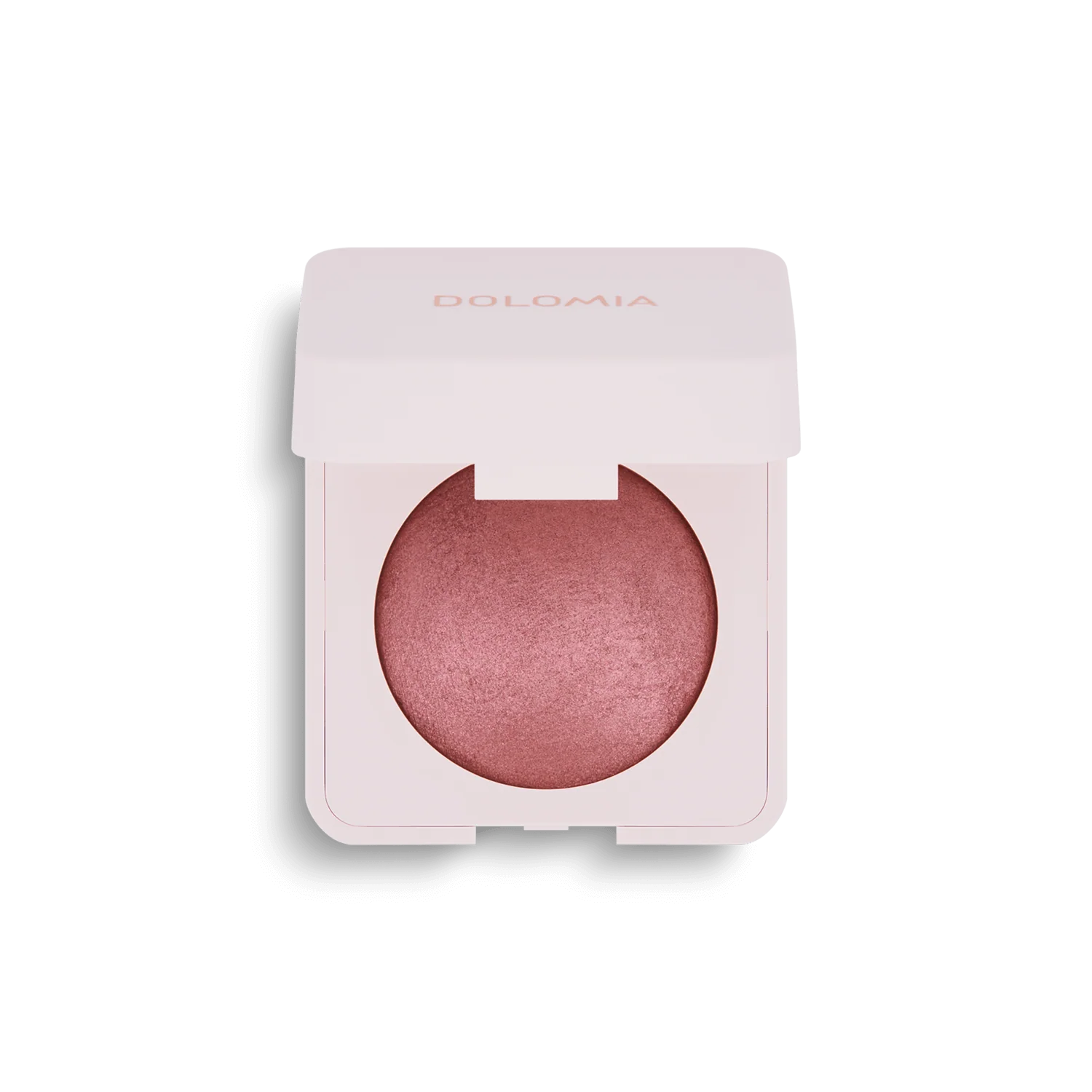 Das Mineral Rouge (2 Farbvarianten) kommt in einem blassrosa quadratischen DOLOMIA Etui mit gebackenem Rouge in einer runden, auf weißem Hintergrund offen dargestellten Schale, ideal für einen natürlichen Teint.
