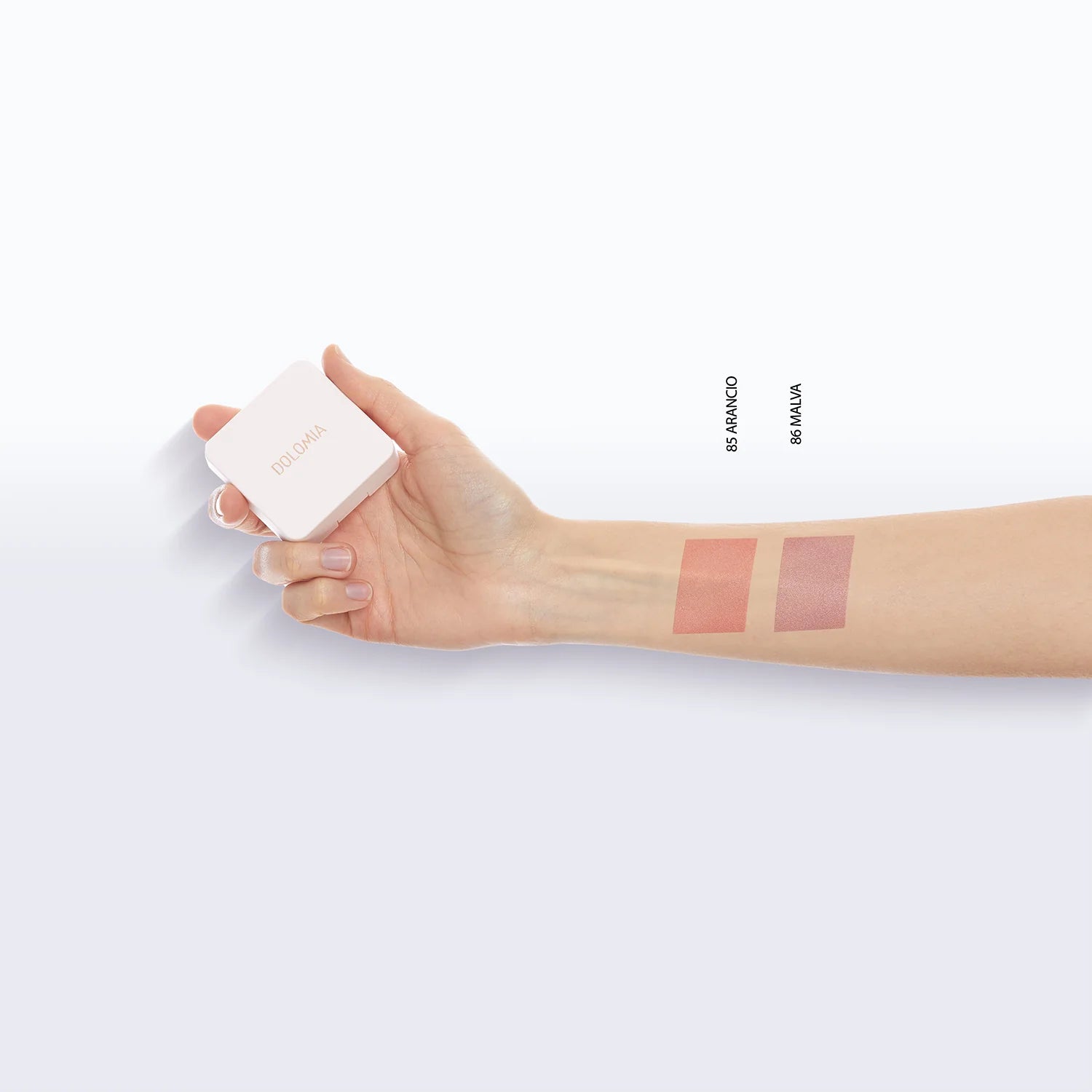 Eine Hand hält eine Mineral Rouge (2 Farbvarianten) Compact, mit zwei gebackenen Rouge-Swatches in 04 AMANDO und 05 VIVIAN auf dem Unterarm-ideal für einen natürlichen Teint vor hellem Hintergrund.