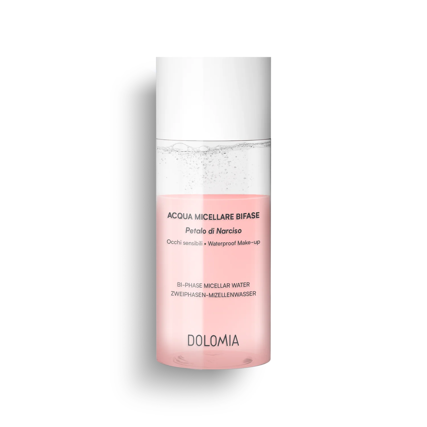 Eine klare und rosafarbene Flasche Zweiphasen-Mizellenwasser Narzissenextrakt, beschriftet für empfindliche Haut und zum Entfernen von wasserfestem Make-up, ist vor einem schlichten weißen Hintergrund abgebildet.