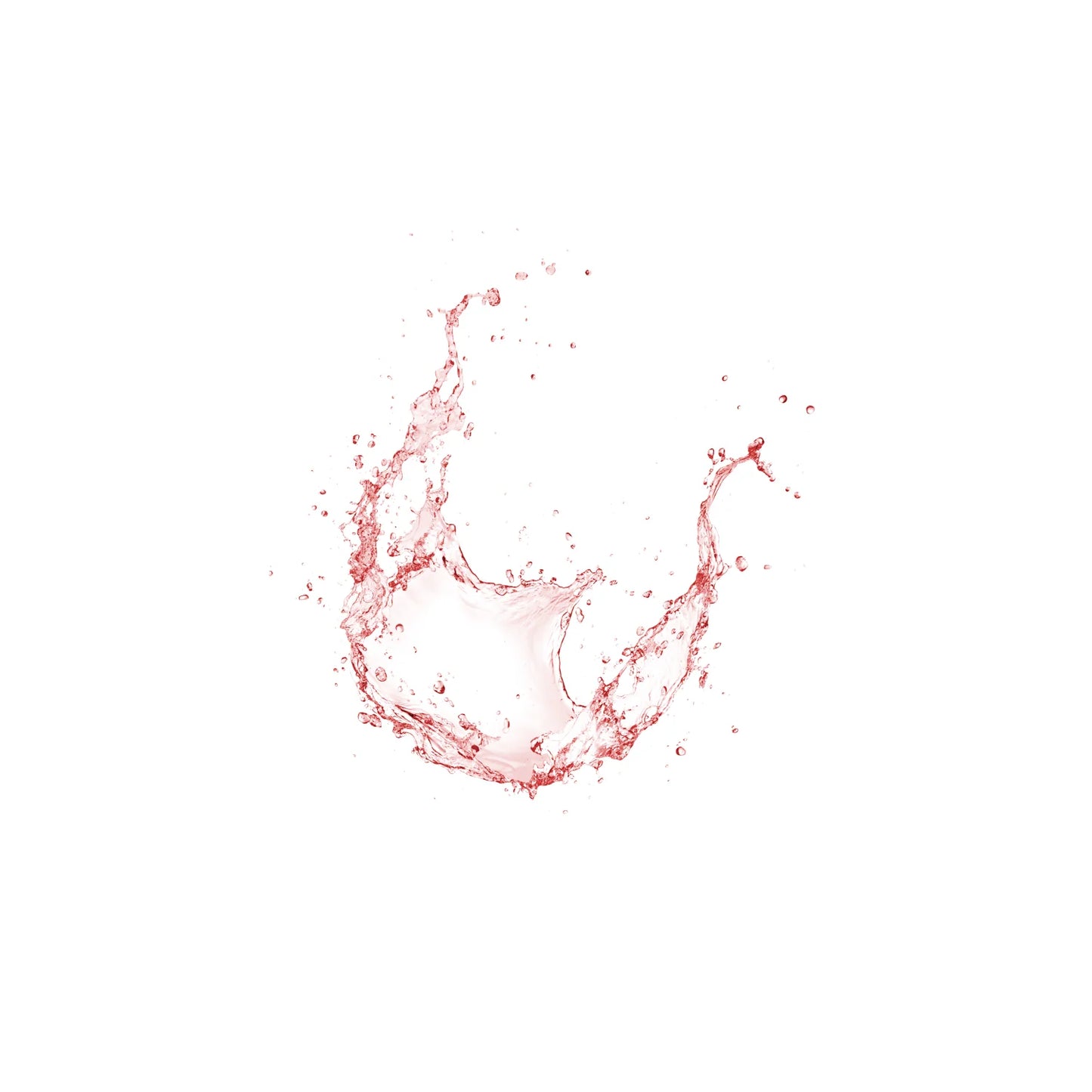 Rote Flüssigkeit spritzt kreisförmig auf weißem Hintergrund und erinnert an die erfrischende Wirkung von Zweiphasen-Mizellenwasser Narzissenextrakt, mit Tropfen und dynamischen Formen, die in der Luft eingefroren sind.