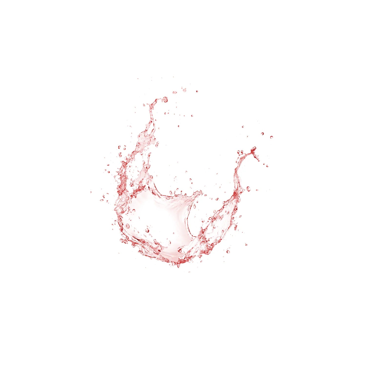 Rote Flüssigkeit spritzt kreisförmig auf weißem Hintergrund und erinnert an die erfrischende Wirkung von Zweiphasen-Mizellenwasser Narzissenextrakt, mit Tropfen und dynamischen Formen, die in der Luft eingefroren sind.